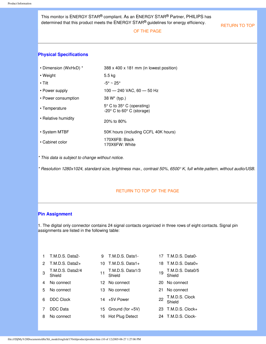 Philips 170X6 user manual Physical Specifications, Pin Assignment 