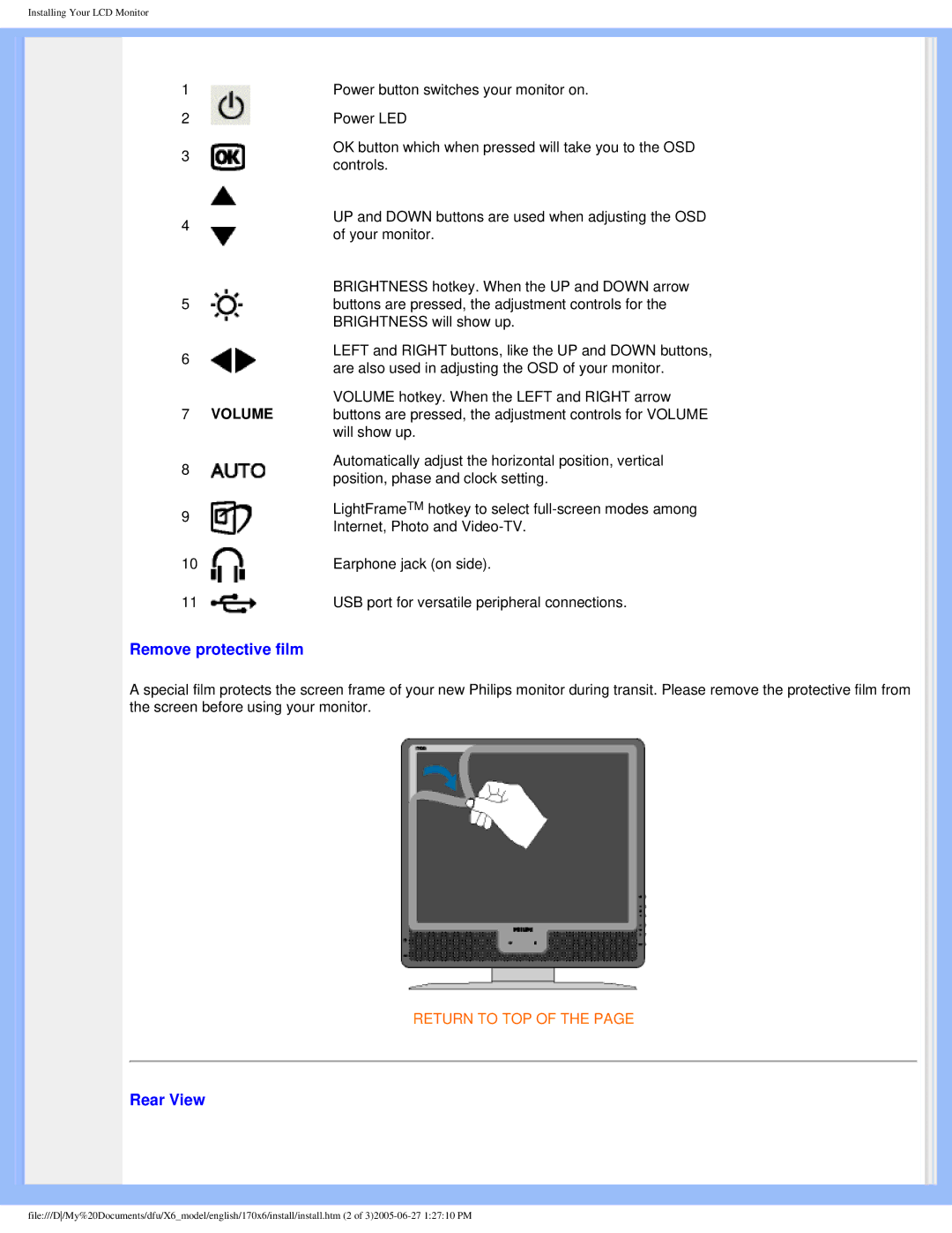 Philips 170X6 user manual Remove protective film, Rear View 