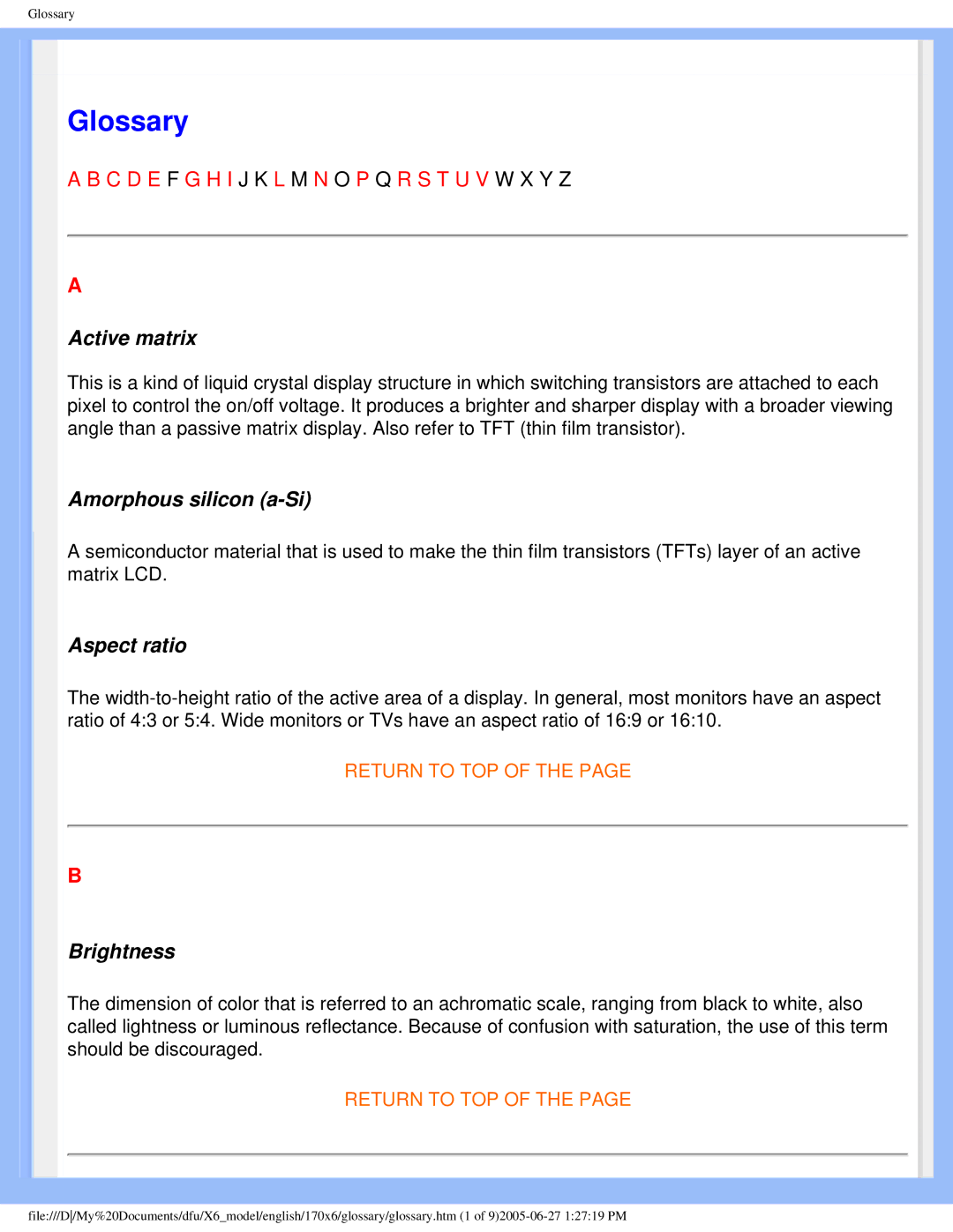 Philips 170X6 user manual Glossary 