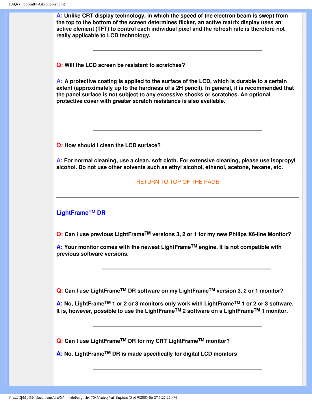 Philips 170X6 user manual LightFrameTM DR 