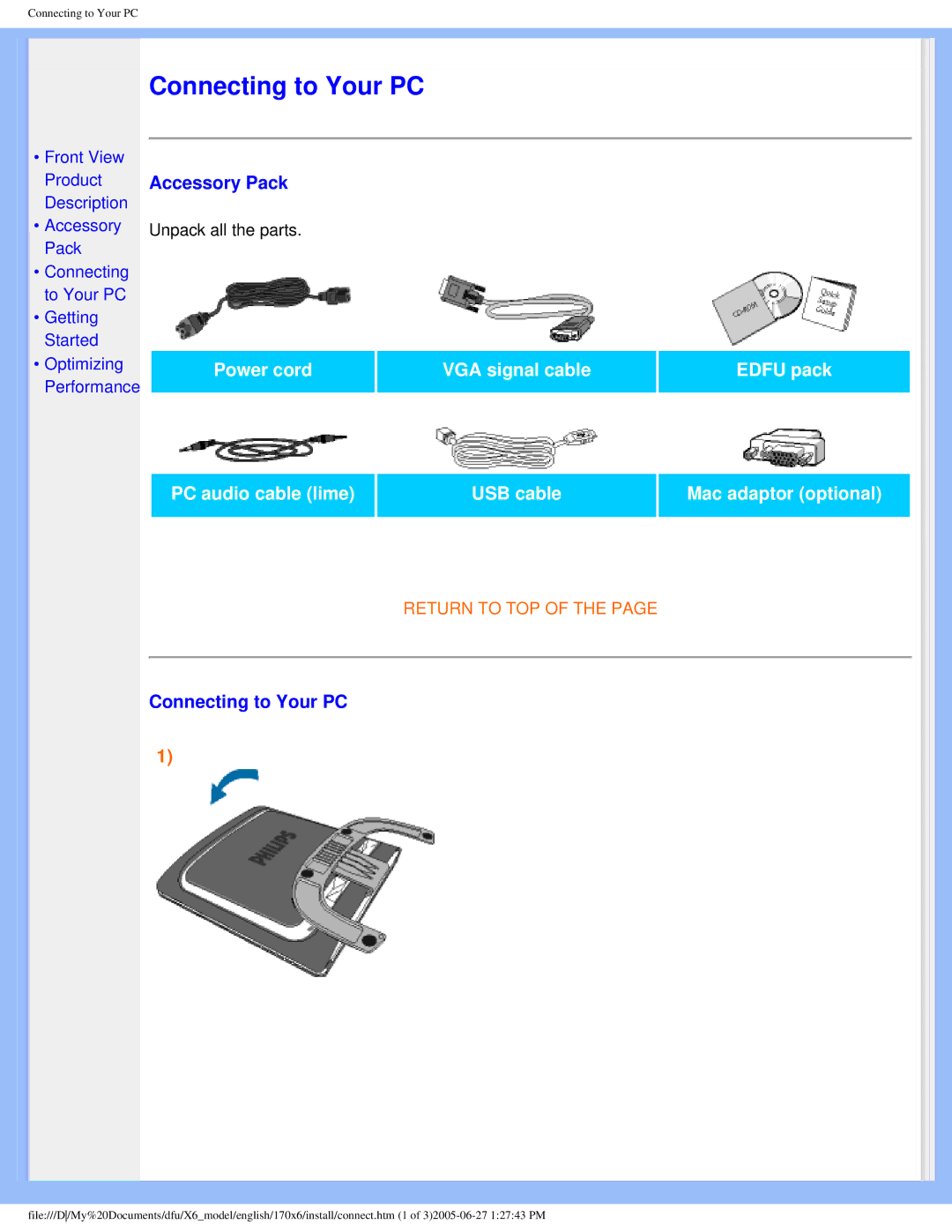 Philips 170X6 user manual Connecting to Your PC 