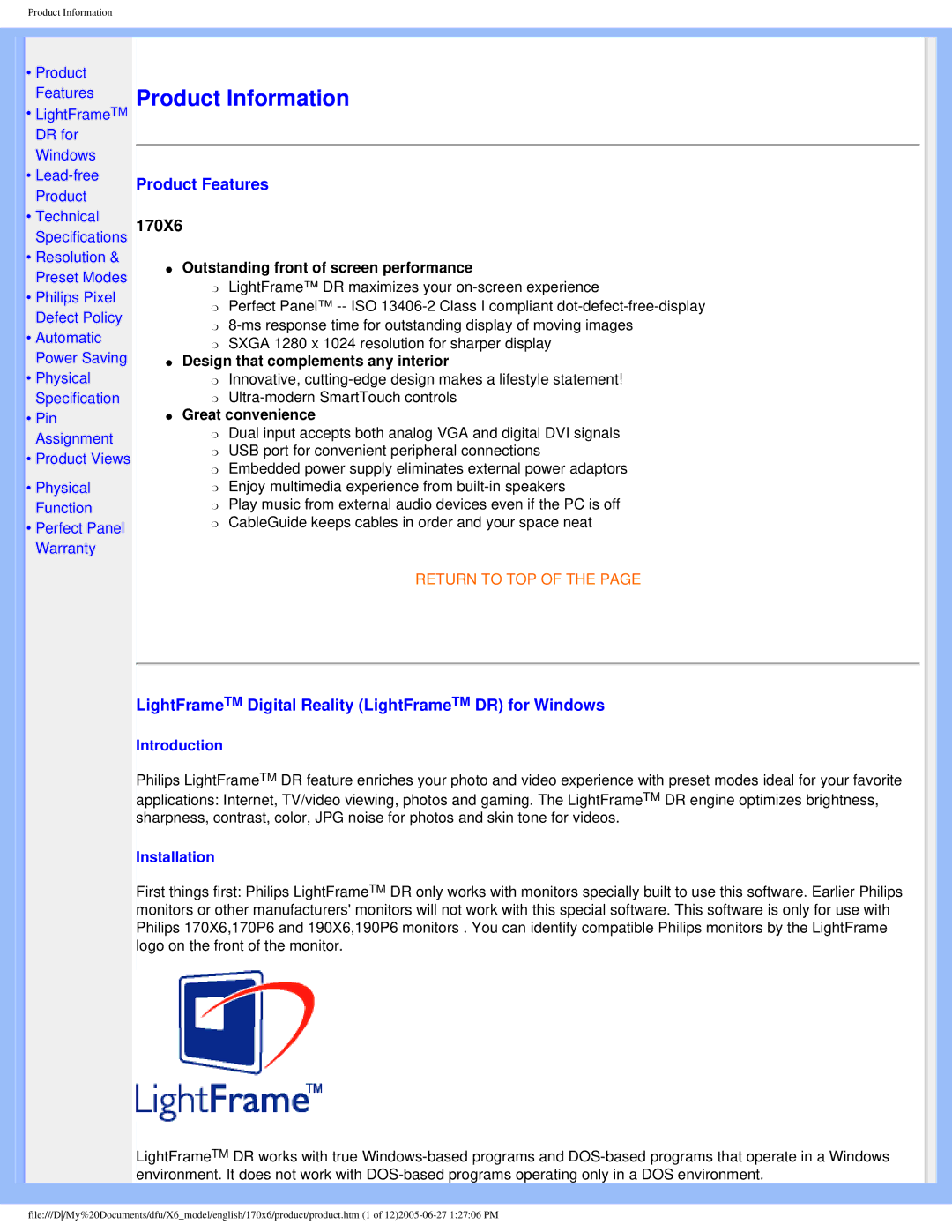 Philips 170X6 user manual Product Features, LightFrameTM Digital Reality LightFrameTM DR for Windows 