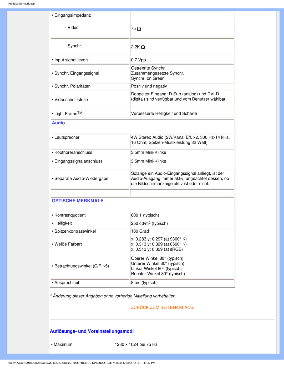 Philips 170X6 user manual Optische Merkmale 