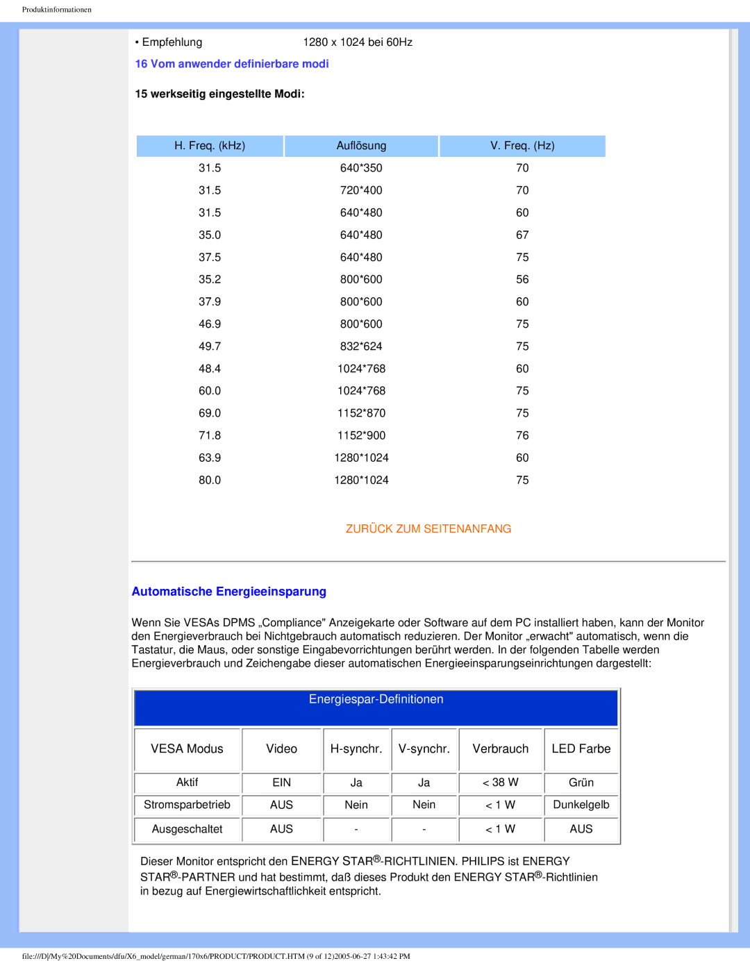 Philips 170X6 user manual Automatische Energieeinsparung 