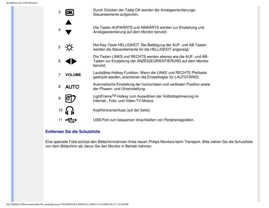 Philips 170X6 user manual Entfernen Sie die Schutzfolie, Volume 