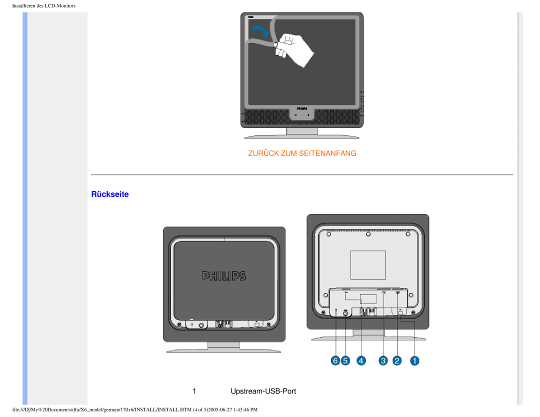 Philips 170X6 user manual Rückseite, Upstream-USB-Port 