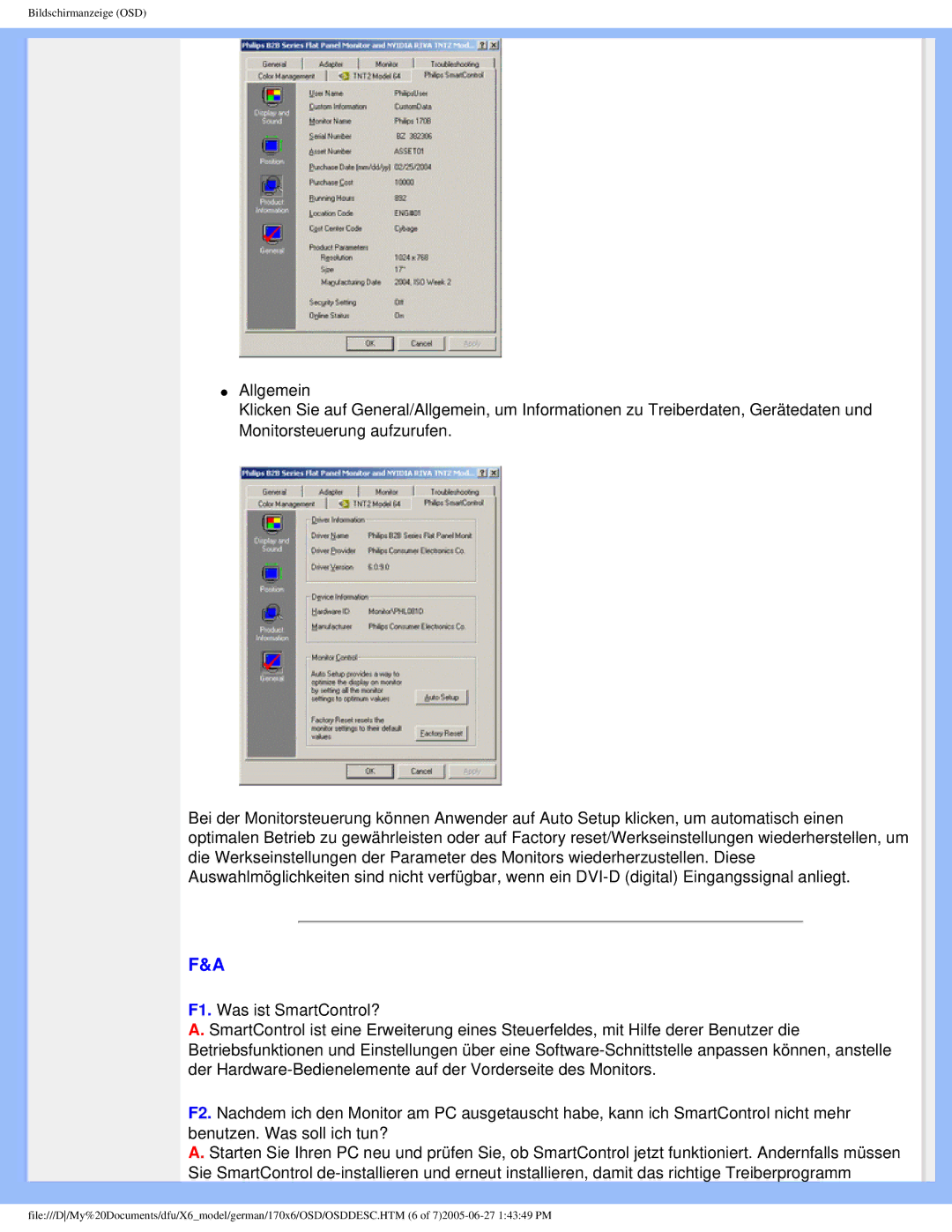 Philips 170X6 user manual Bildschirmanzeige OSD 