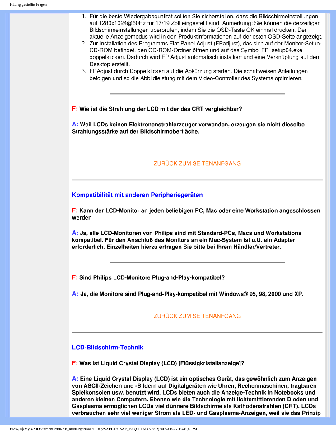 Philips 170X6 user manual Kompatibilität mit anderen Peripheriegeräten, LCD-Bildschirm-Technik 