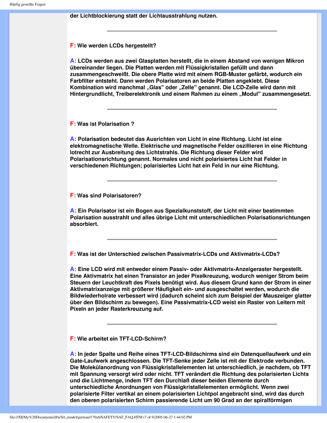 Philips 170X6 user manual Wie arbeitet ein TFT-LCD-Schirm? 