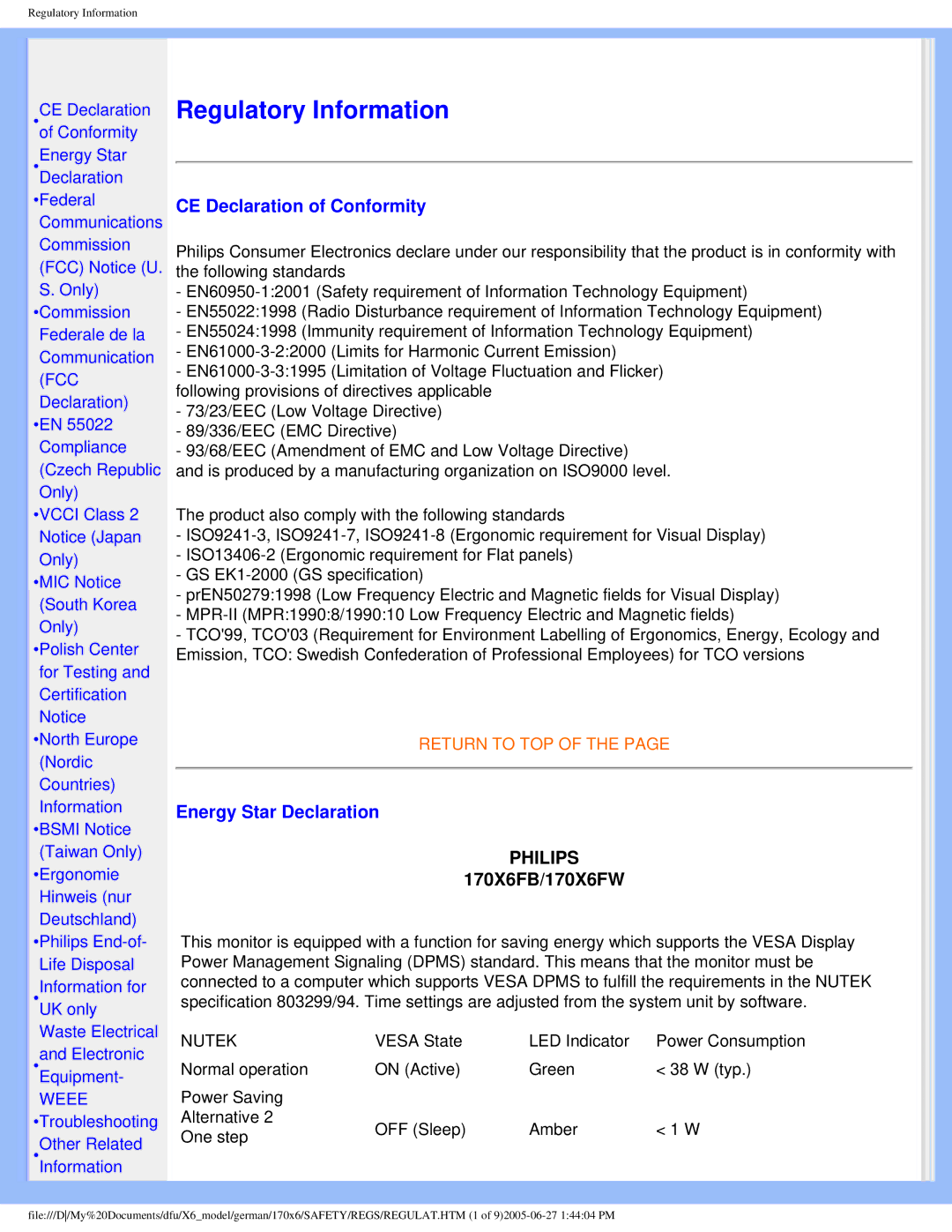 Philips 170X6 user manual CE Declaration of Conformity, Energy Star Declaration 