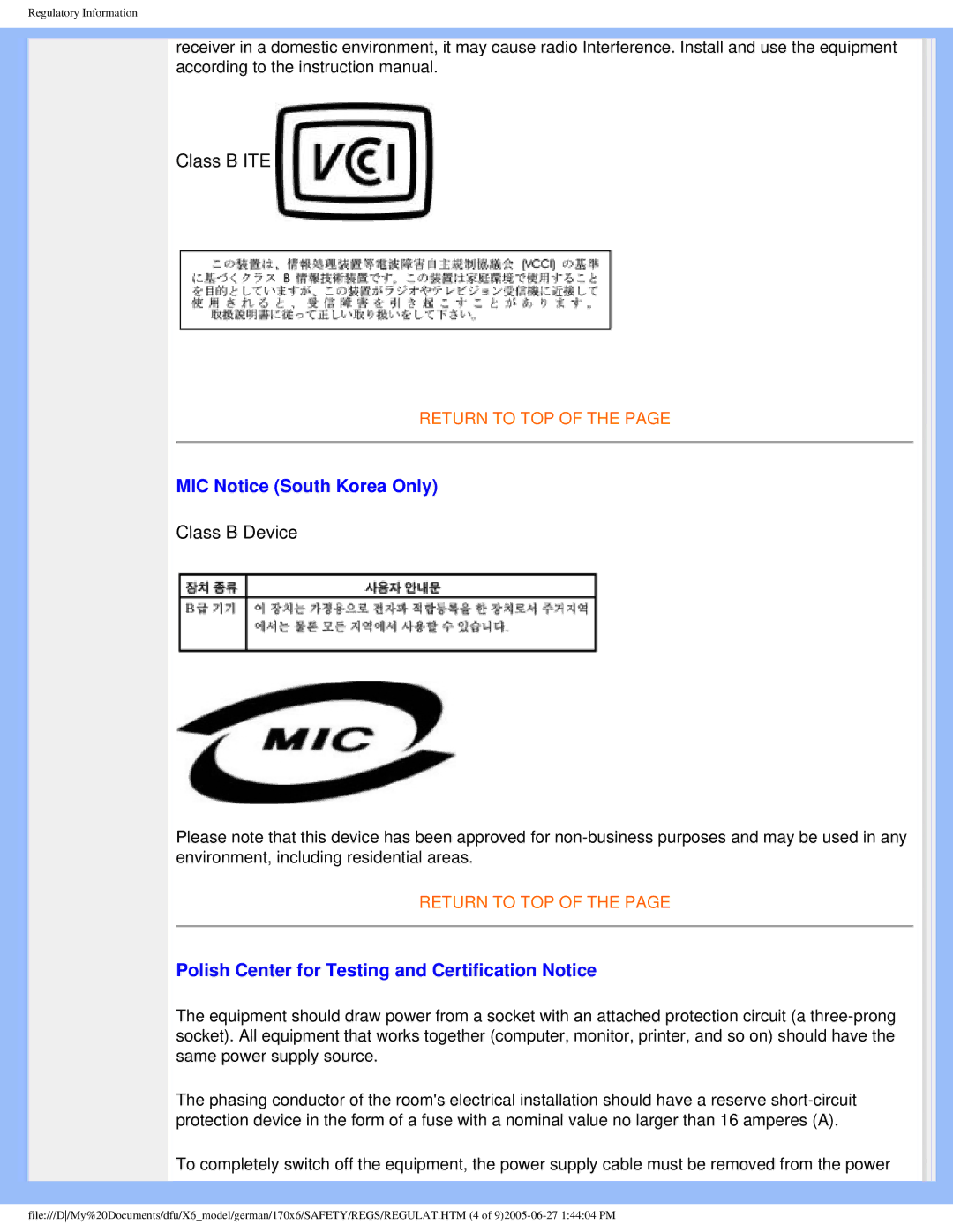 Philips 170X6 user manual MIC Notice South Korea Only, Polish Center for Testing and Certification Notice 