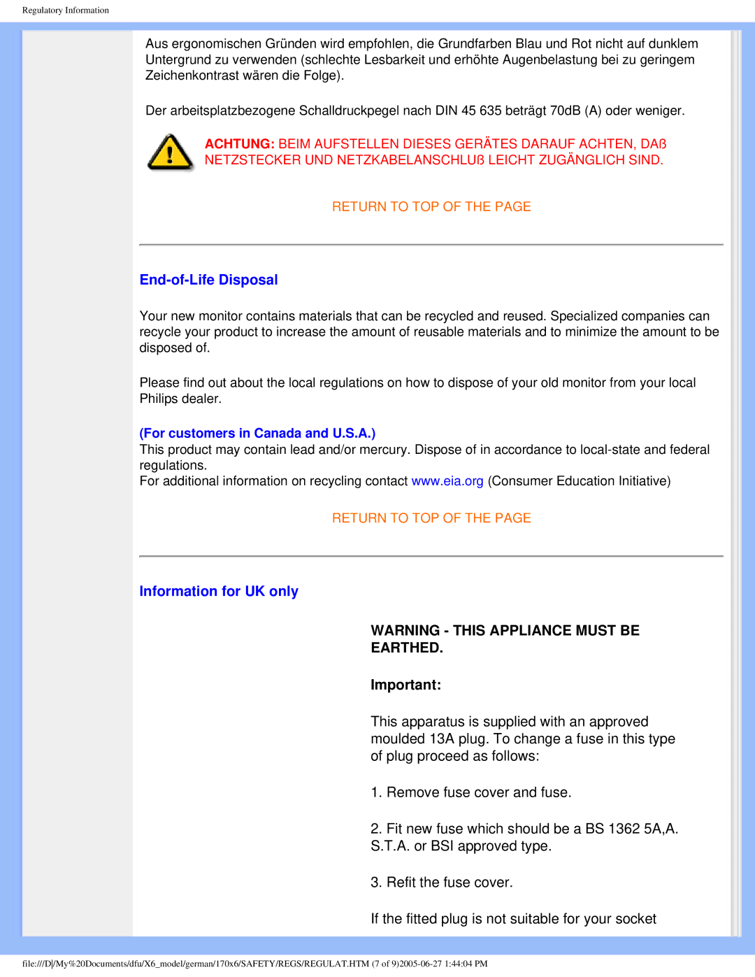 Philips 170X6 user manual End-of-Life Disposal, Information for UK only 