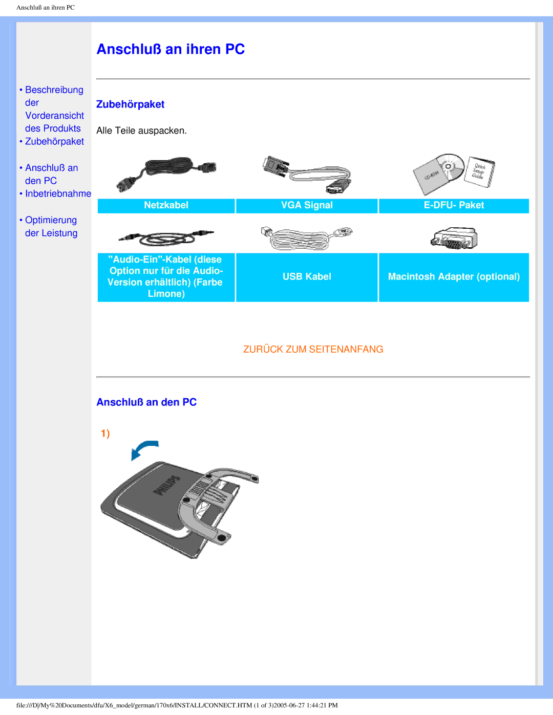 Philips 170X6 user manual Zubehörpaket, Anschluß an den PC 