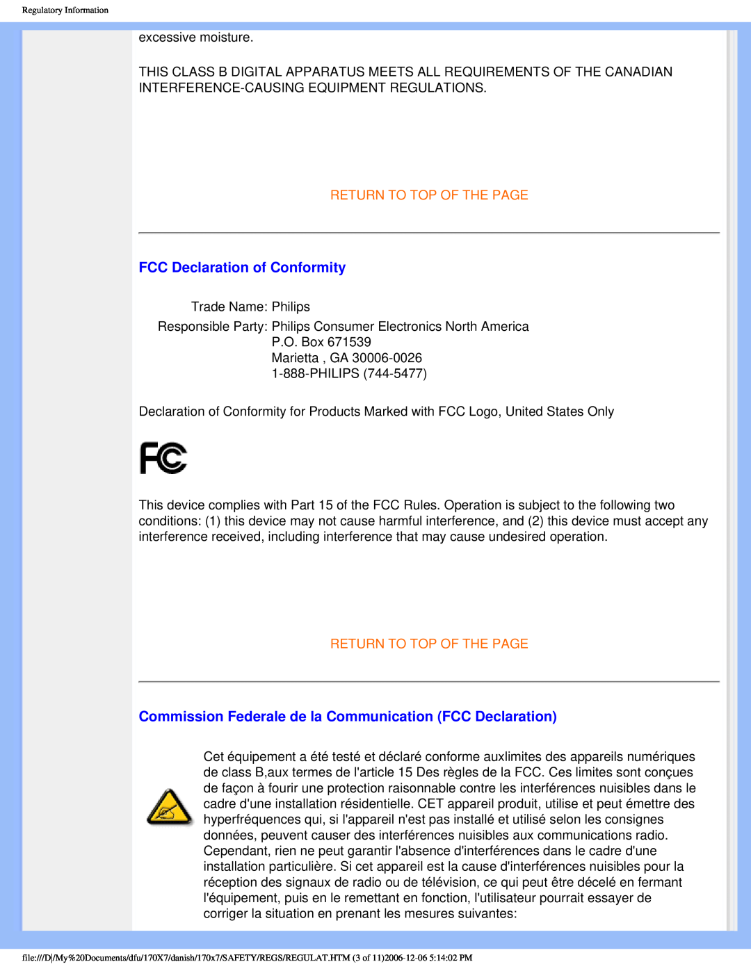 Philips 170x7 user manual FCC Declaration of Conformity, Commission Federale de la Communication FCC Declaration 