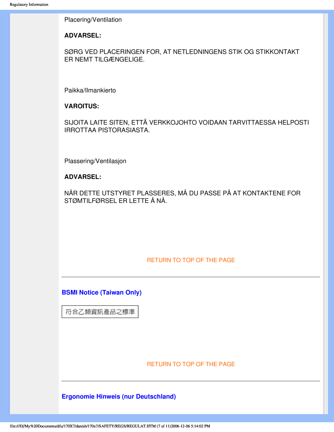 Philips 170x7 user manual Advarsel, Varoitus, BSMI Notice Taiwan Only, Ergonomie Hinweis nur Deutschland 