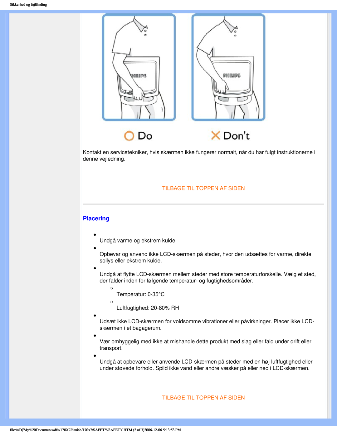 Philips 170x7 user manual Placering, Tilbage Til Toppen Af Siden 