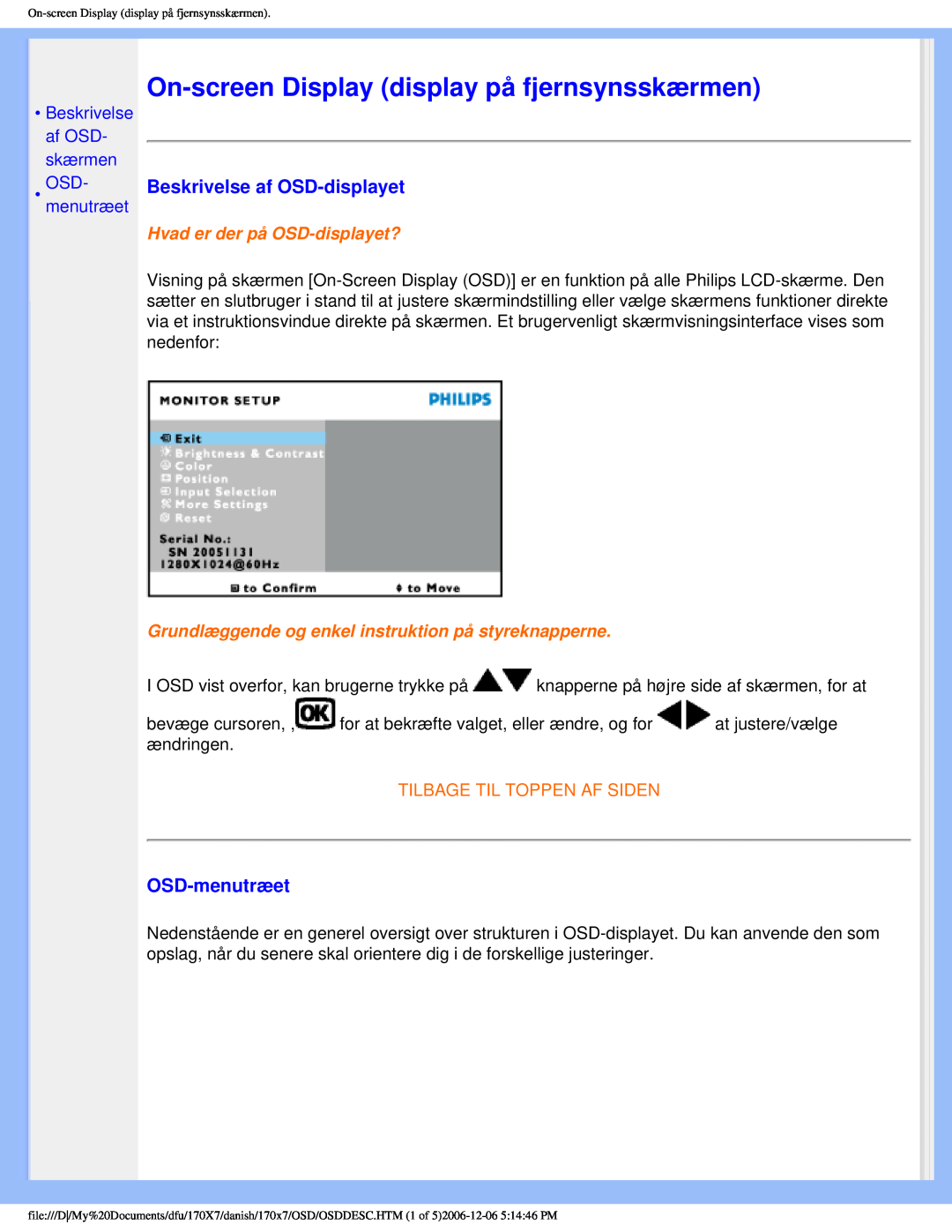 Philips 170x7 user manual On-screen Display display på fjernsynsskærmen, Beskrivelse af OSD-displayet, OSD-menutræet 