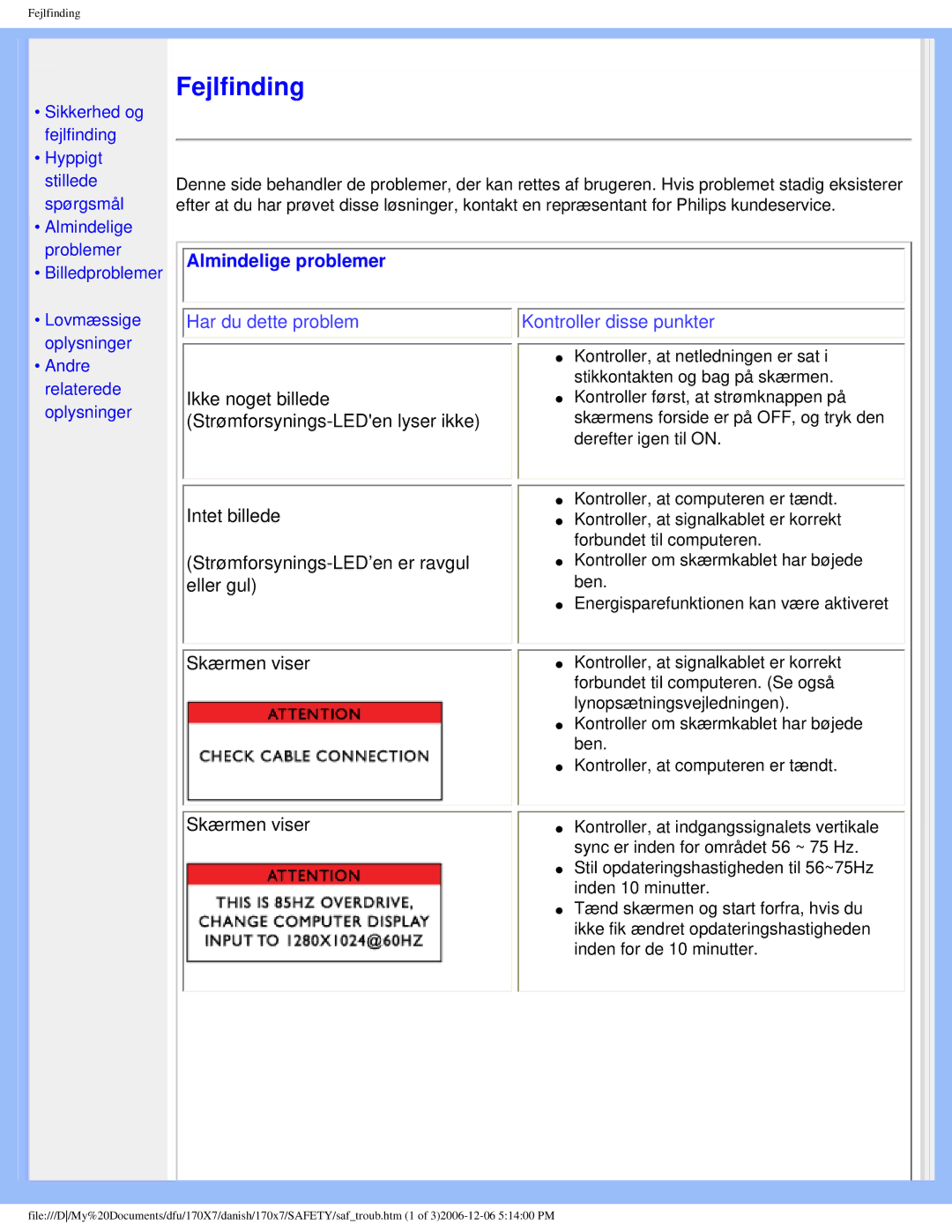 Philips 170x7 user manual Fejlfinding, Almindelige problemer 