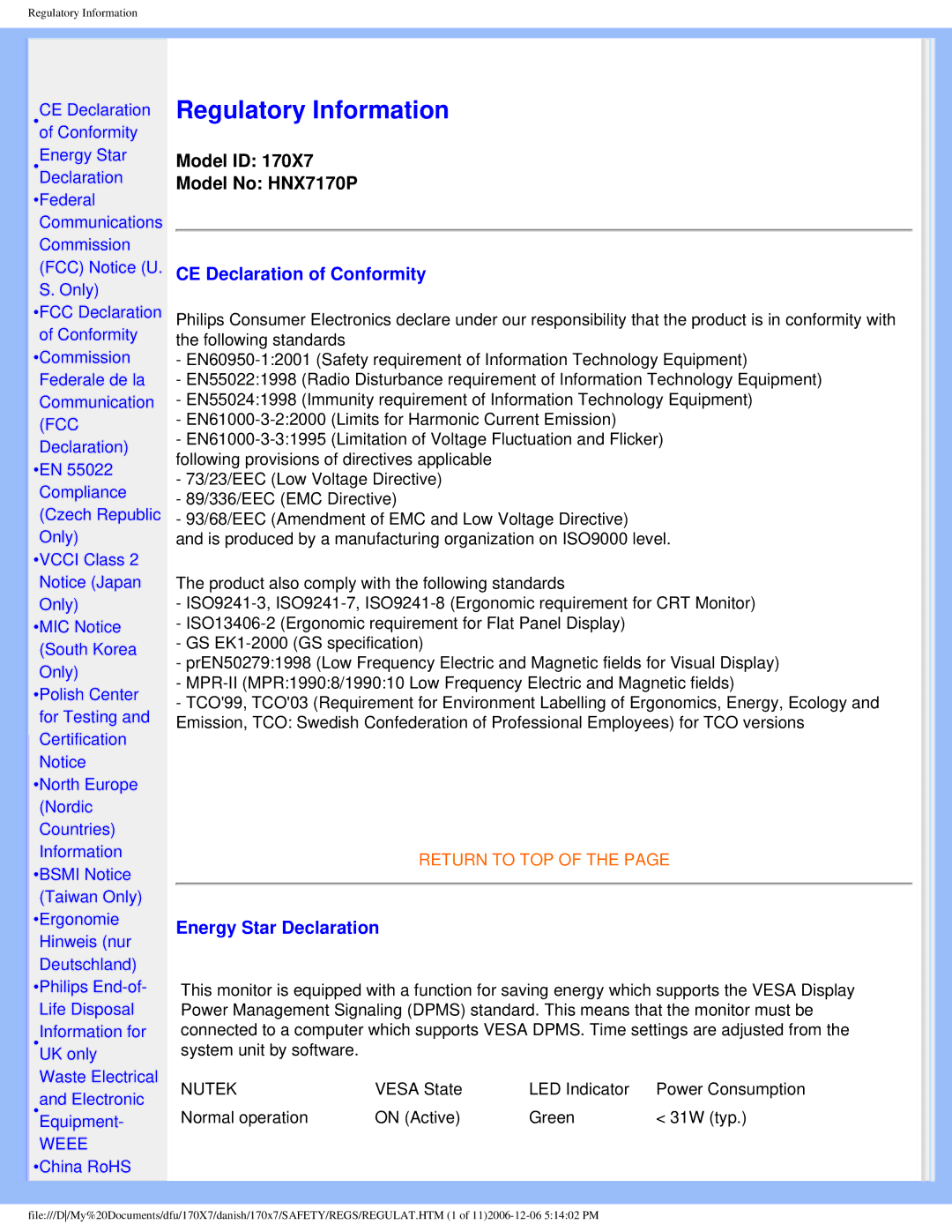 Philips 170x7 user manual CE Declaration of Conformity, Energy Star Declaration 