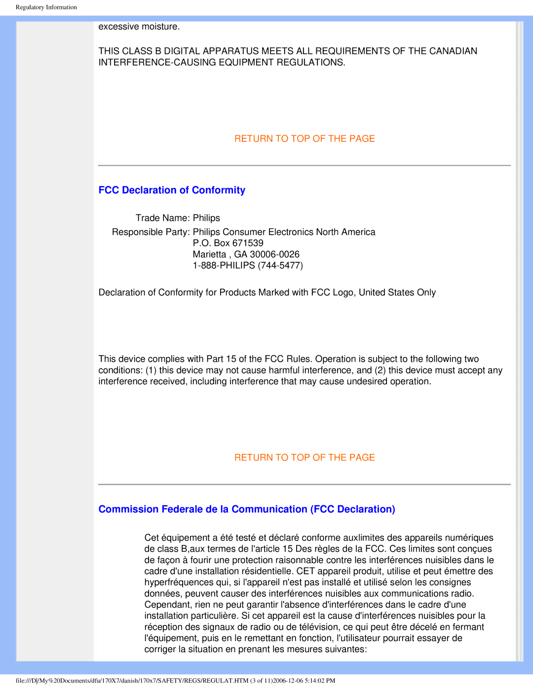 Philips 170x7 user manual FCC Declaration of Conformity, Commission Federale de la Communication FCC Declaration 