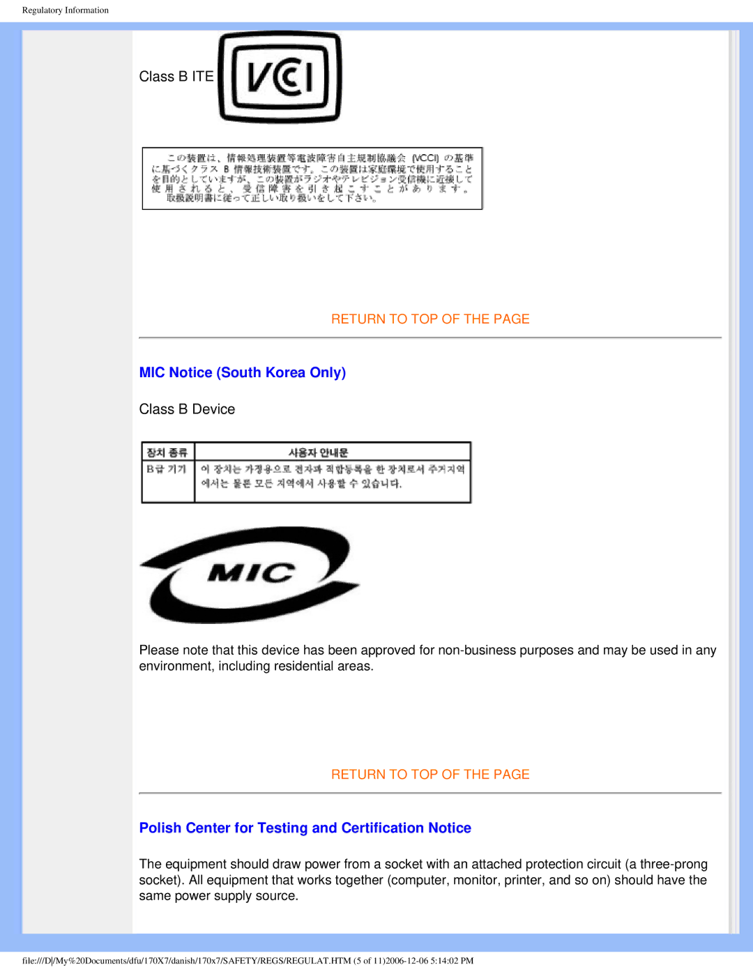 Philips 170x7 user manual MIC Notice South Korea Only, Polish Center for Testing and Certification Notice 