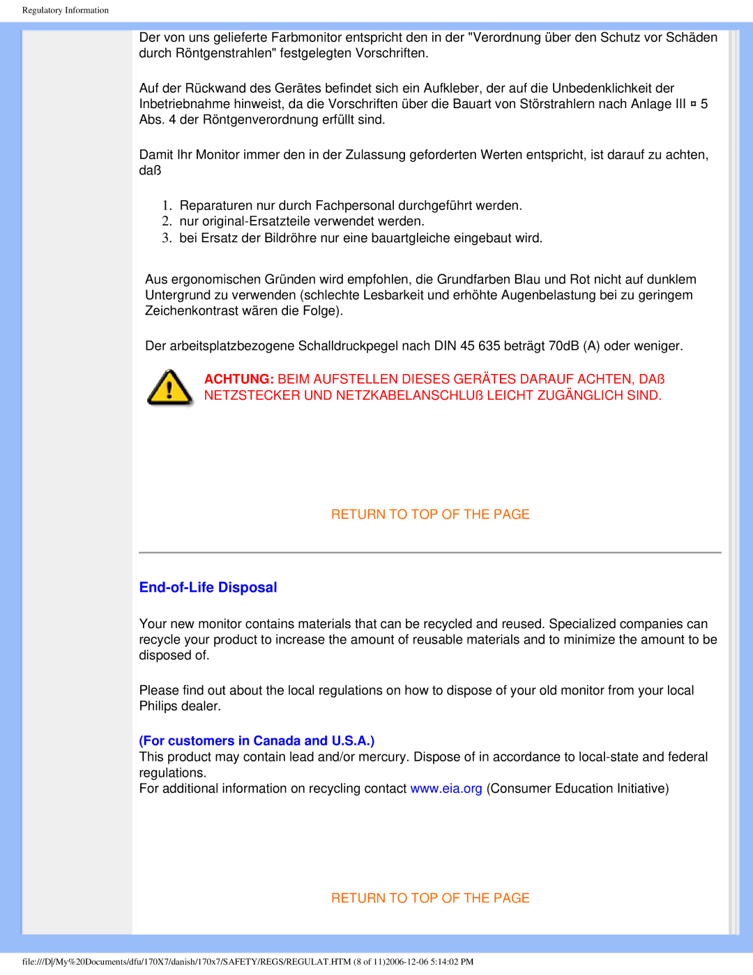 Philips 170x7 user manual End-of-Life Disposal, For customers in Canada and U.S.A 