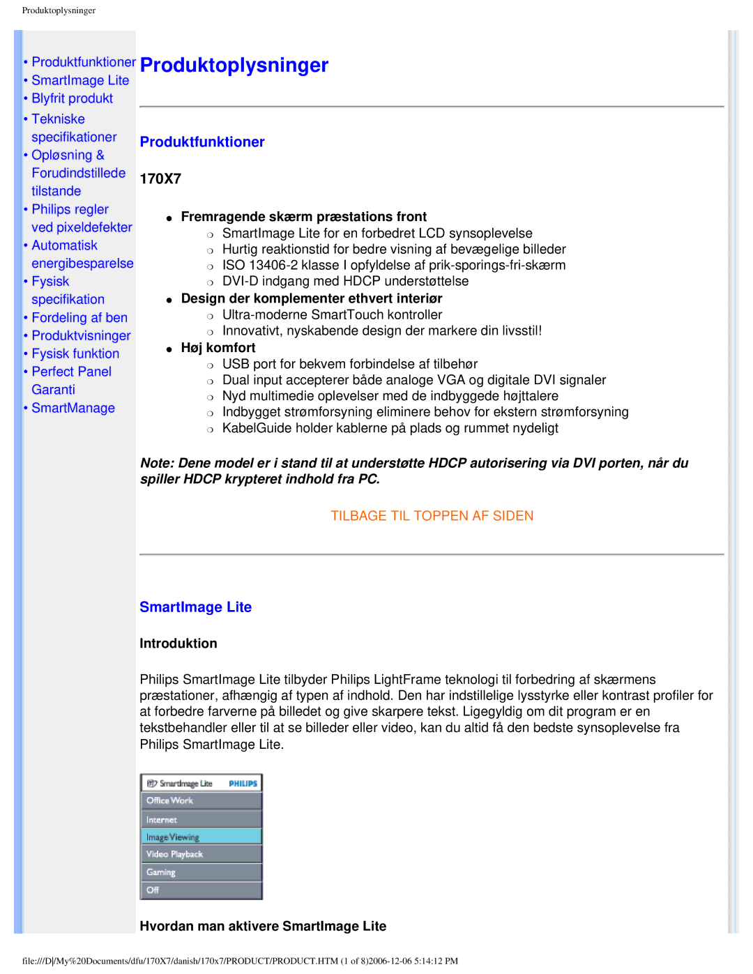 Philips 170x7 user manual Produktfunktioner, 170X7, Introduktion, Hvordan man aktivere SmartImage Lite 