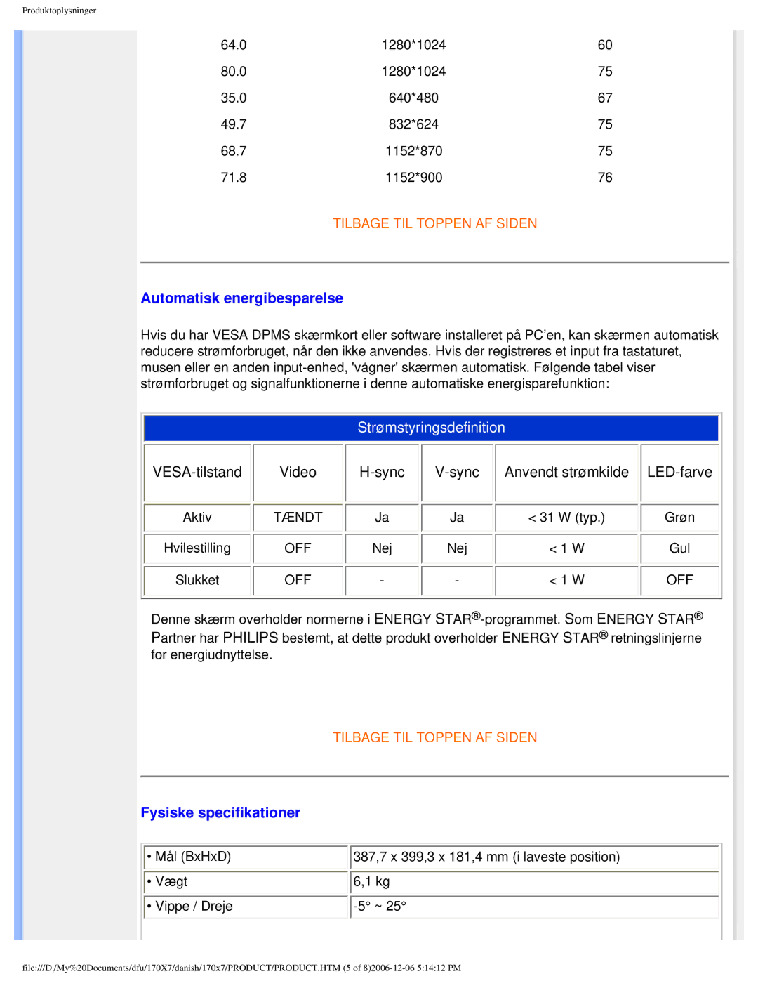 Philips 170x7 user manual Automatisk energibesparelse, Fysiske specifikationer 