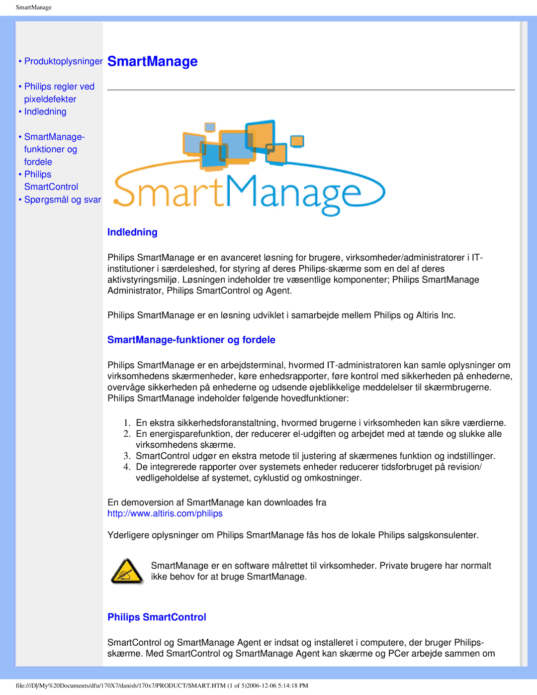 Philips 170x7 user manual Indledning, SmartManage-funktioner og fordele, Philips SmartControl 