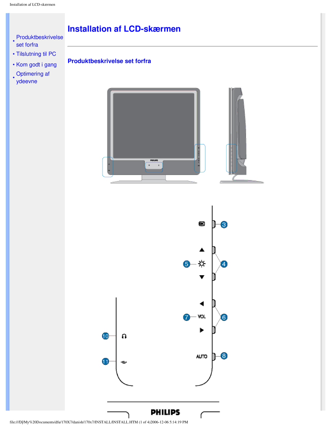 Philips 170x7 user manual Installation af LCD-skærmen 