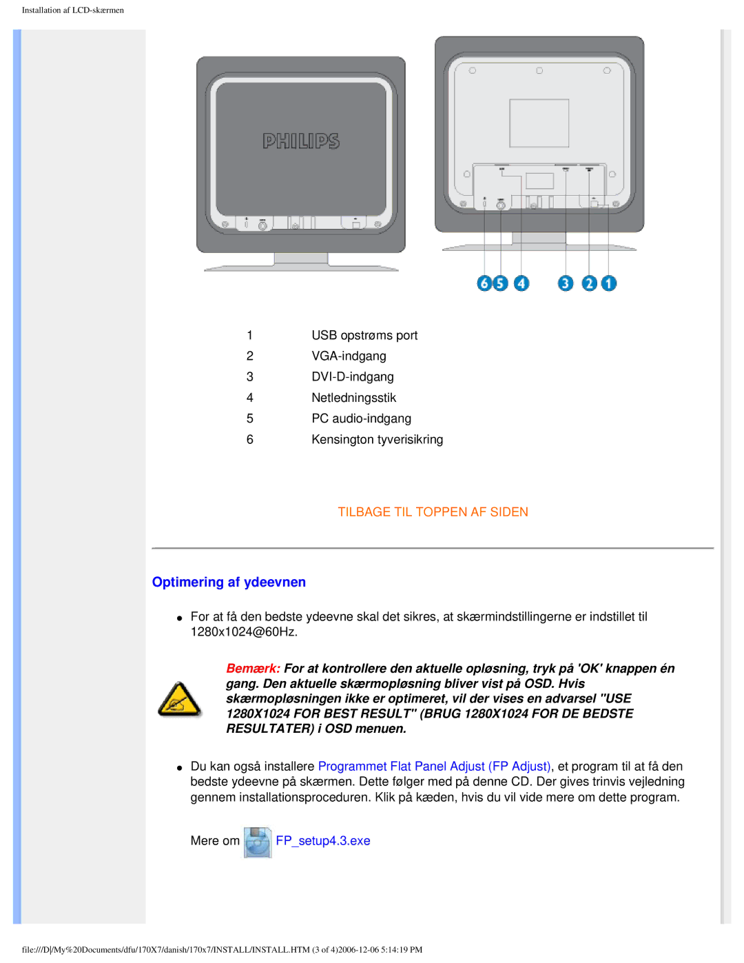 Philips 170x7 user manual Optimering af ydeevnen, Mere om FPsetup4.3.exe 