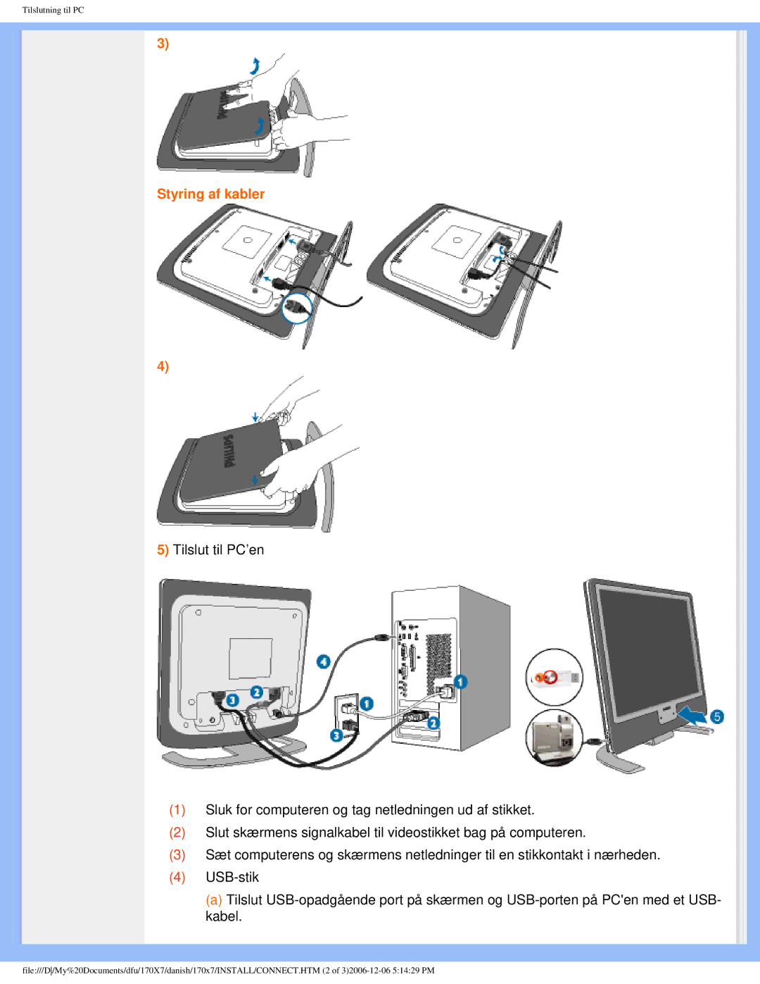 Philips 170x7 user manual Styring af kabler 