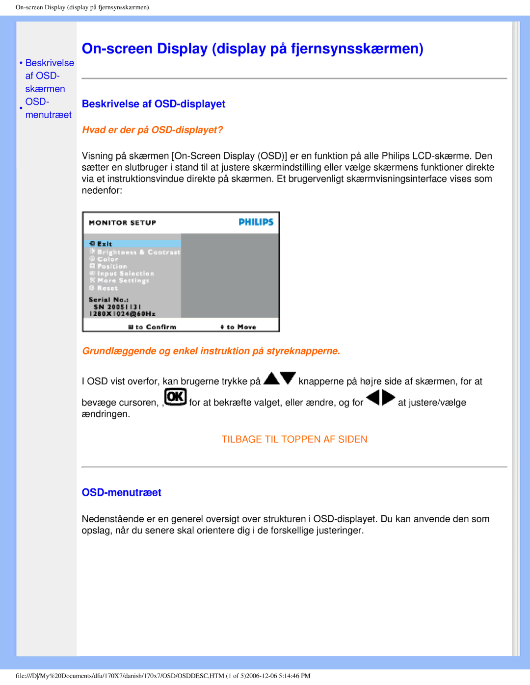 Philips 170x7 user manual Beskrivelse af OSD-displayet, OSD-menutræet 