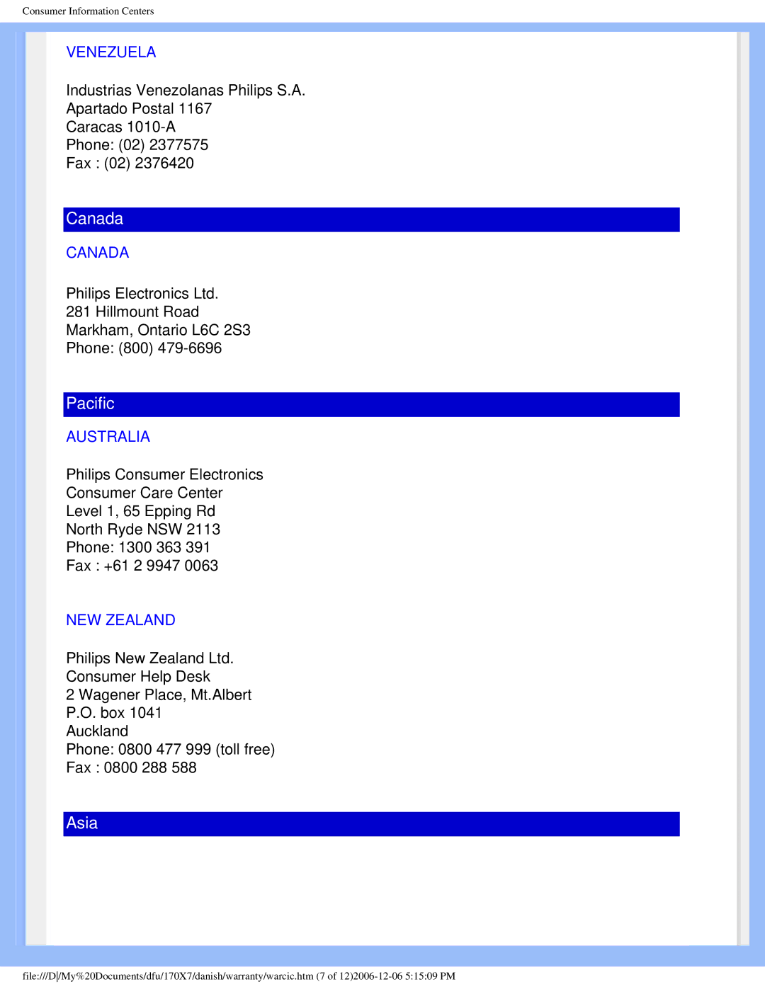 Philips 170x7 user manual Venezuela, Canada, Australia, NEW Zealand 