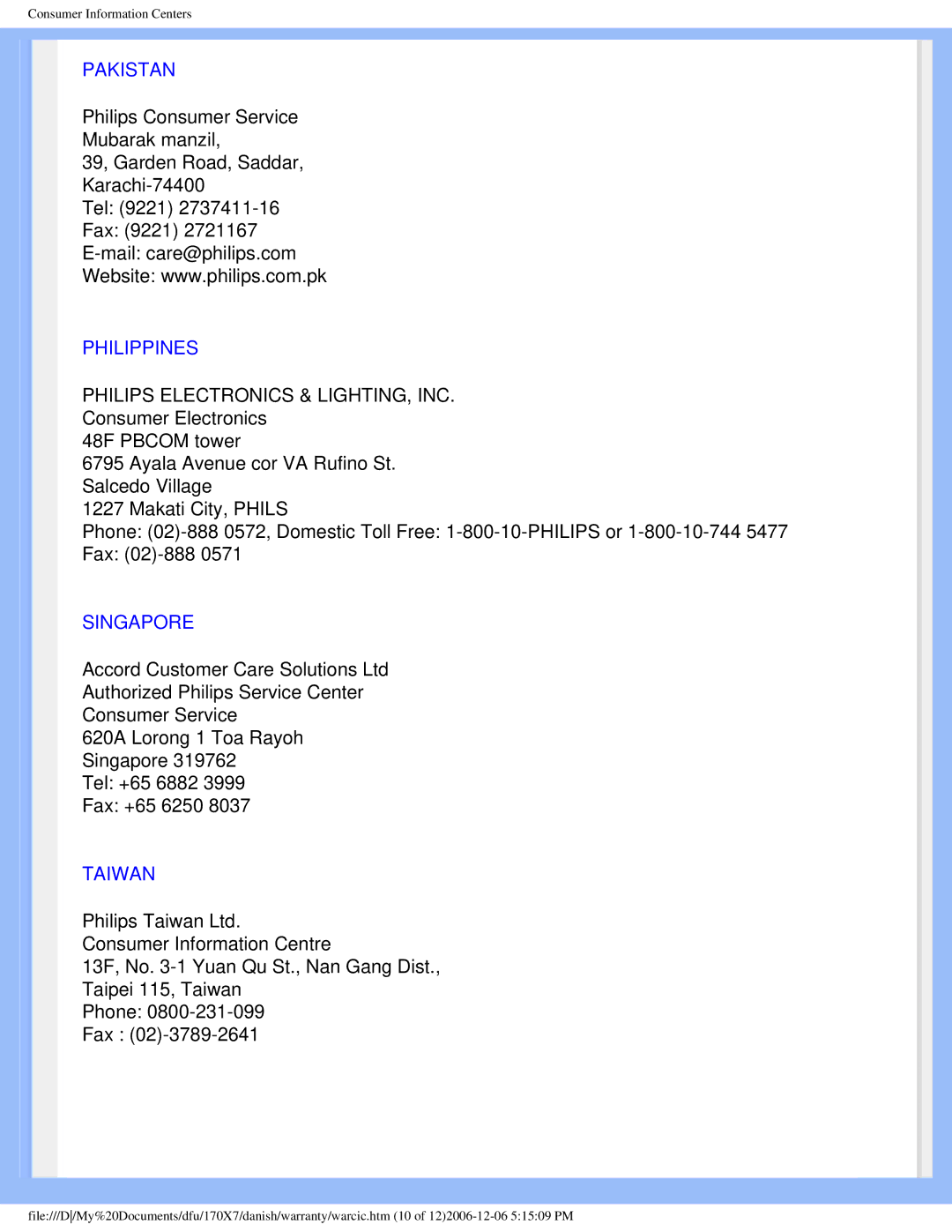 Philips 170x7 user manual Pakistan, Philippines, Singapore, Taiwan 