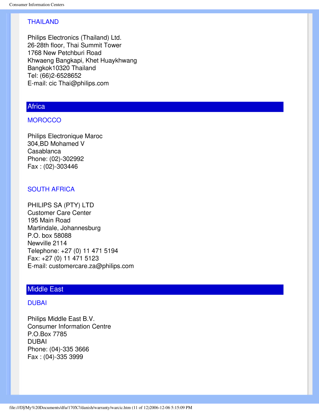 Philips 170x7 user manual Thailand, Morocco, South Africa, Dubai 