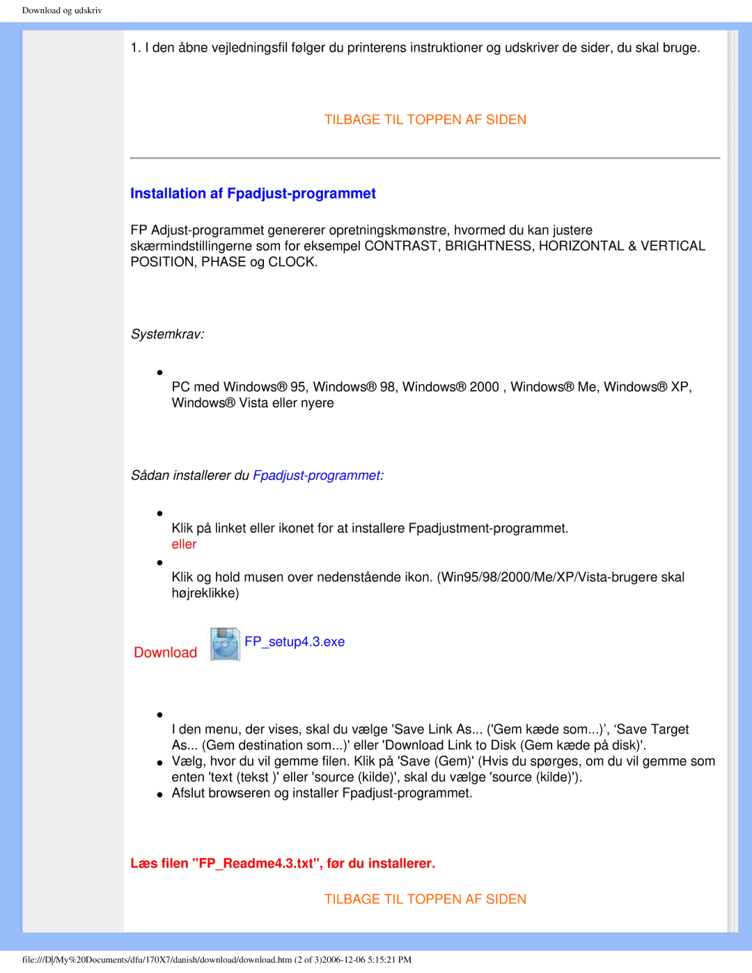 Philips 170x7 user manual Installation af Fpadjust-programmet, Sådan installerer du Fpadjust-programmet 