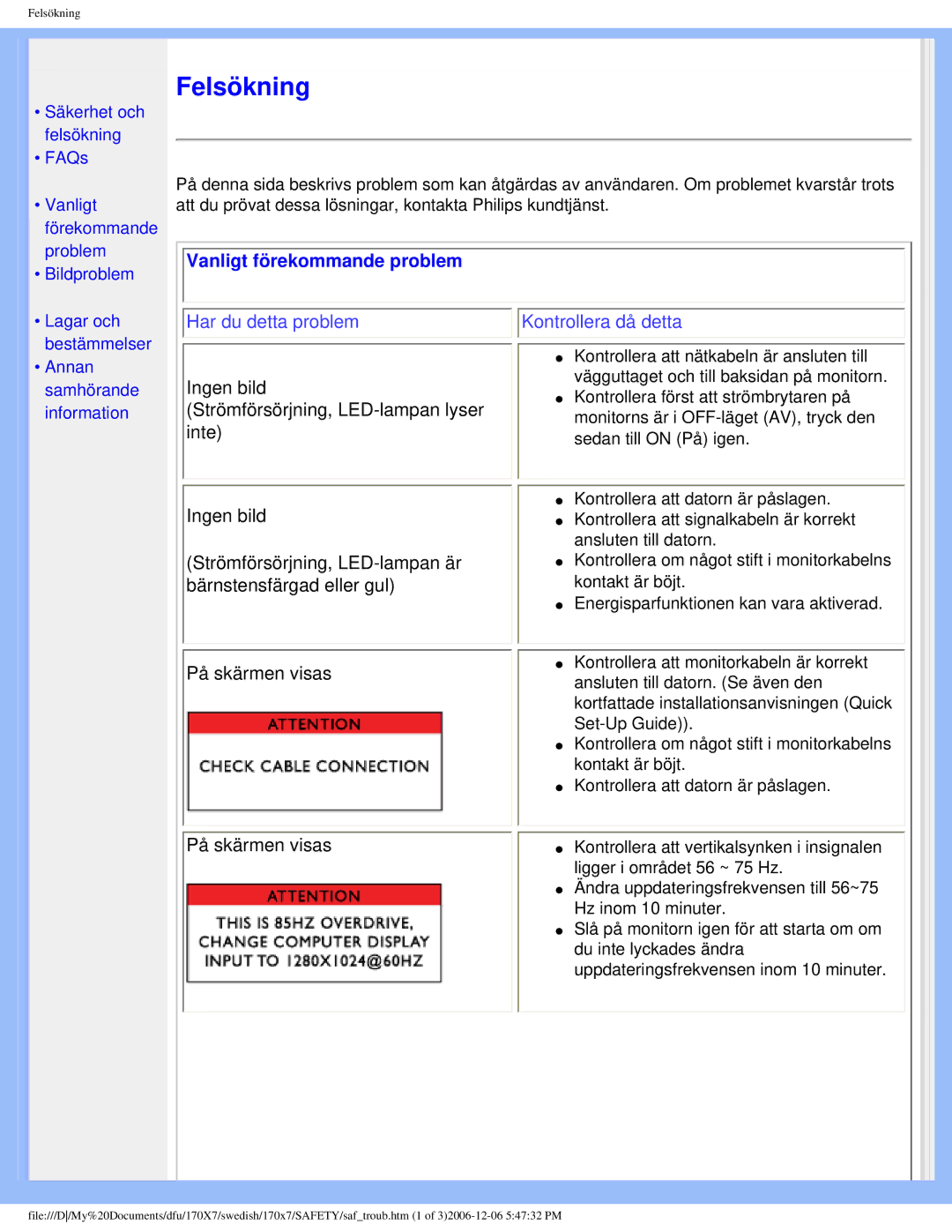 Philips 170x7 user manual Felsökning, Vanligt förekommande problem 