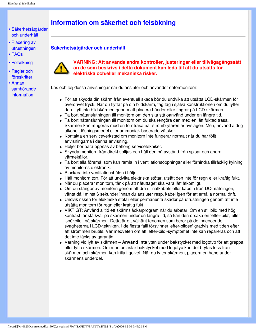 Philips 170x7 user manual Information om säkerhet och felsökning, Säkerhetsåtgärder och underhåll 