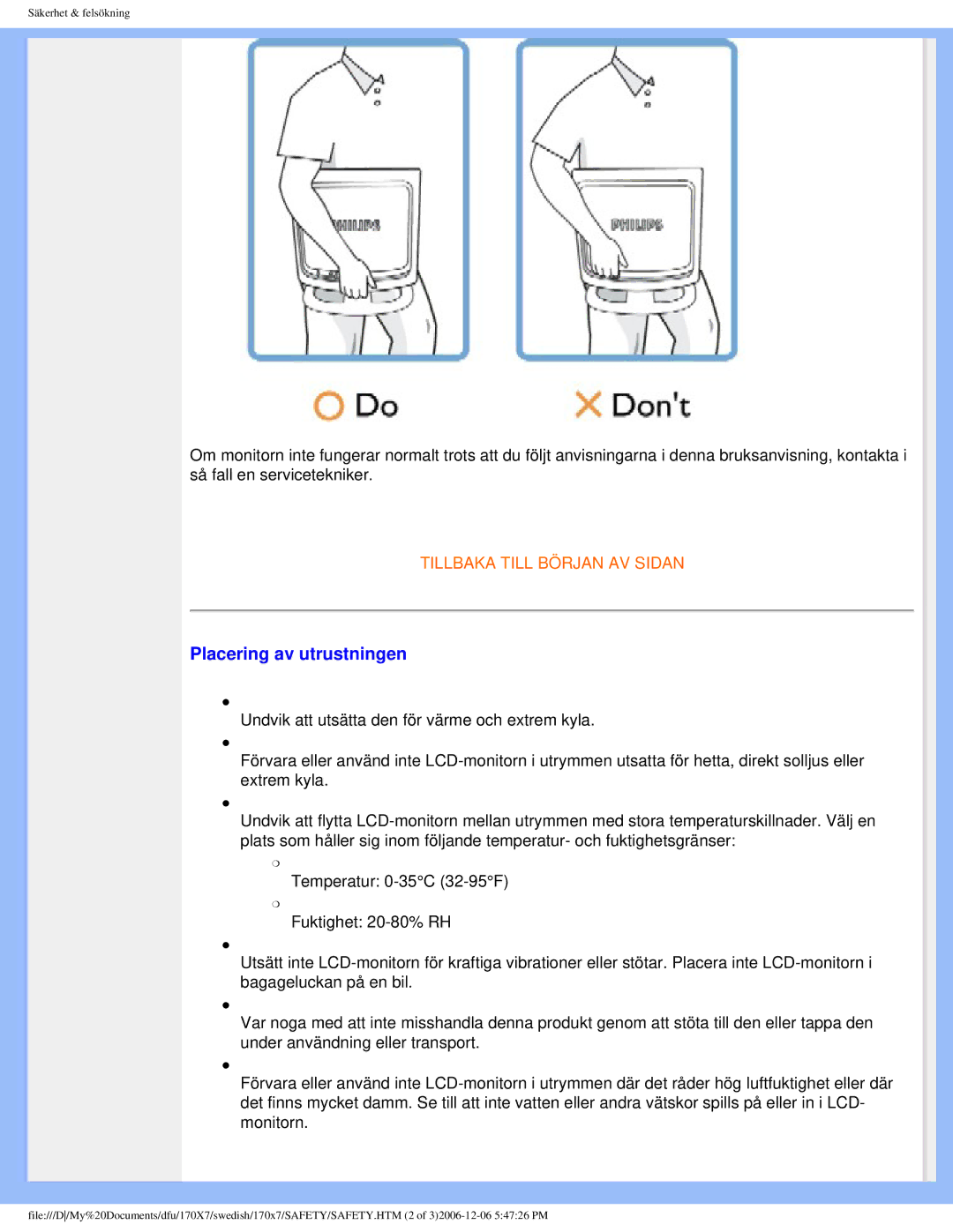 Philips 170x7 user manual Placering av utrustningen 