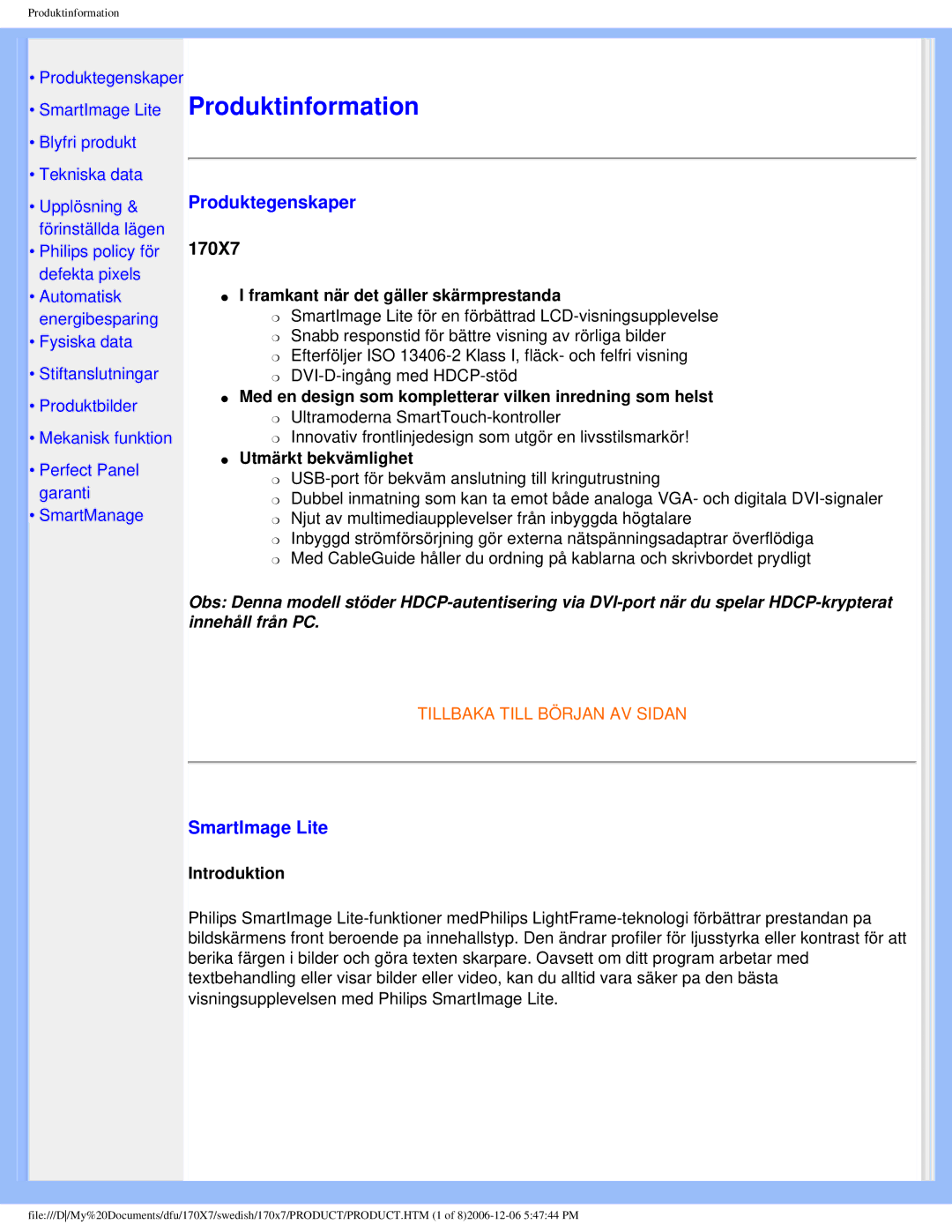 Philips 170x7 user manual Produktegenskaper, SmartImage Lite 