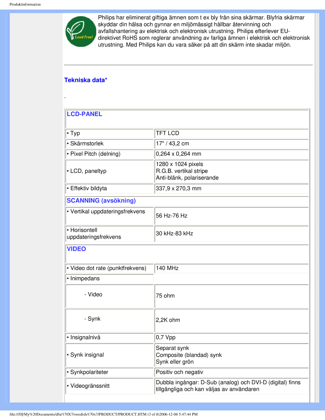 Philips 170x7 user manual Tekniska data, Lcd-Panel 