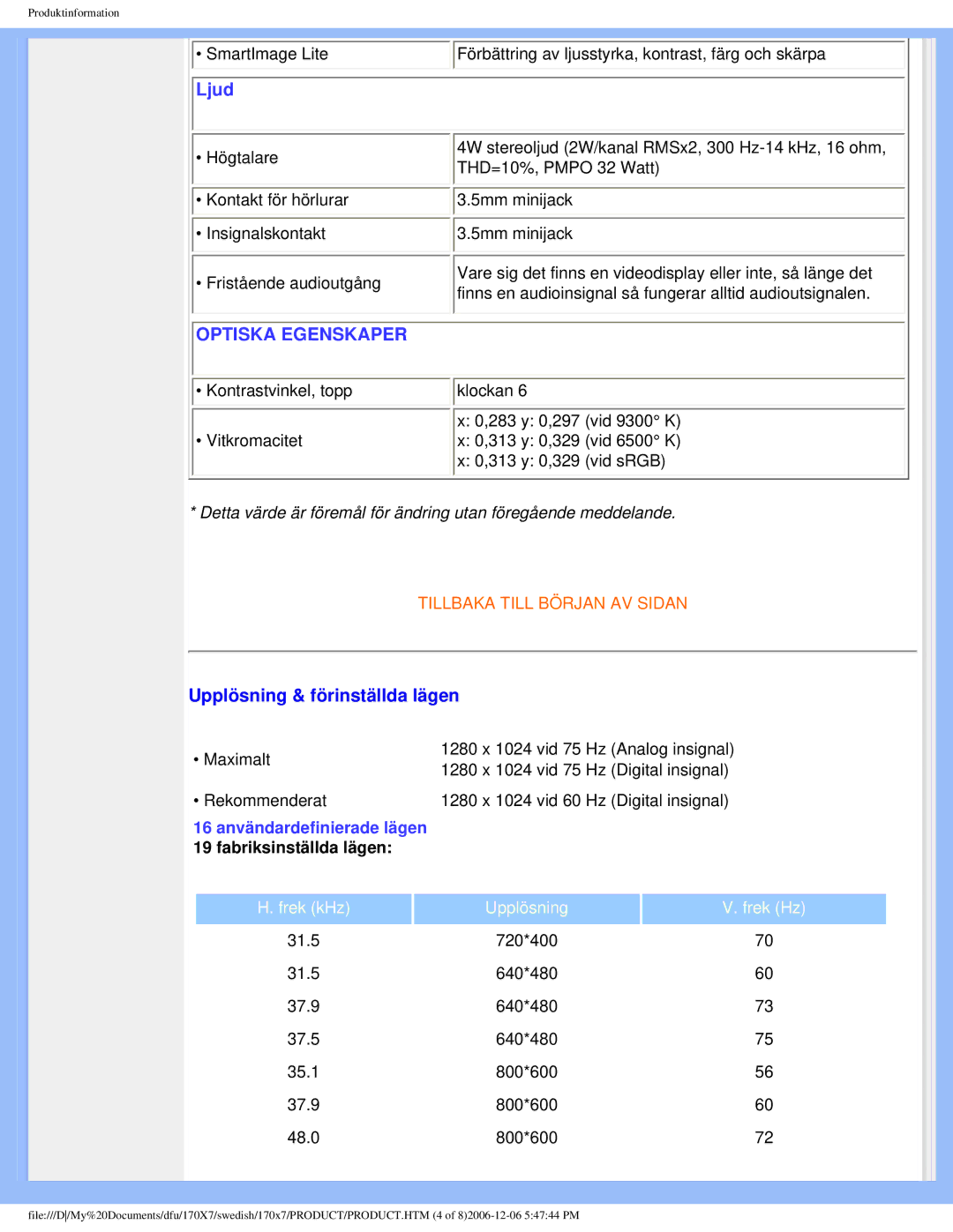 Philips 170x7 user manual Upplösning & förinställda lägen, Fabriksinställda lägen 