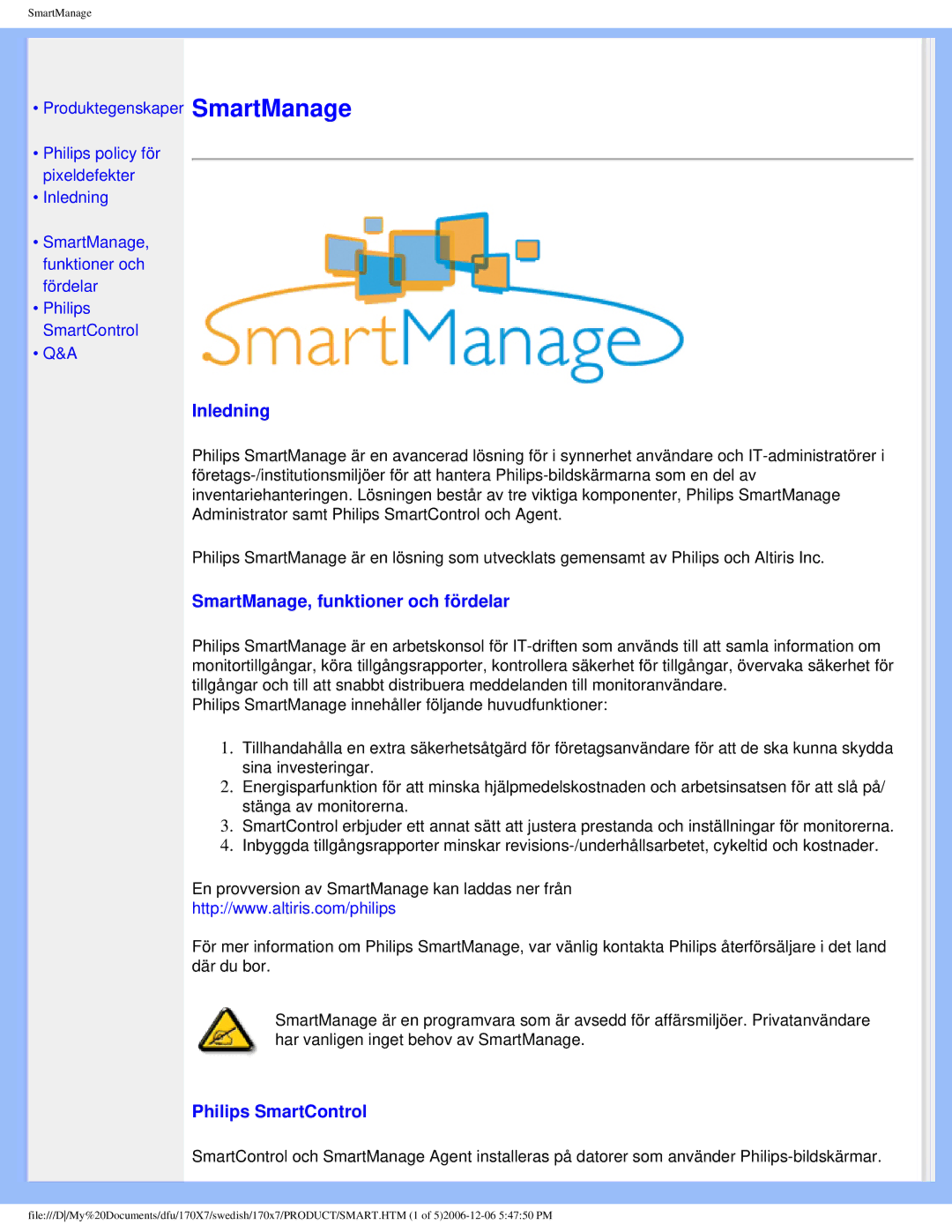 Philips 170x7 user manual Inledning, SmartManage, funktioner och fördelar, Philips SmartControl 