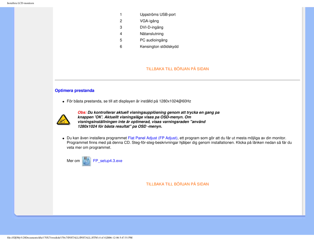 Philips 170x7 user manual Optimera prestanda 