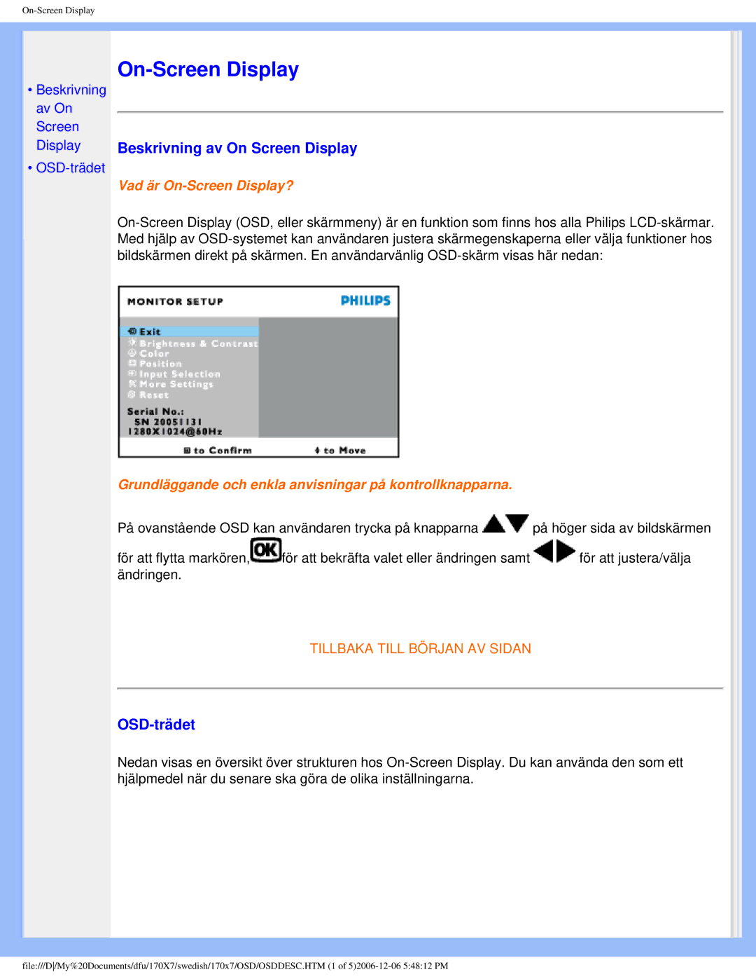 Philips 170x7 user manual Beskrivning av On Screen Display, OSD-trädet 