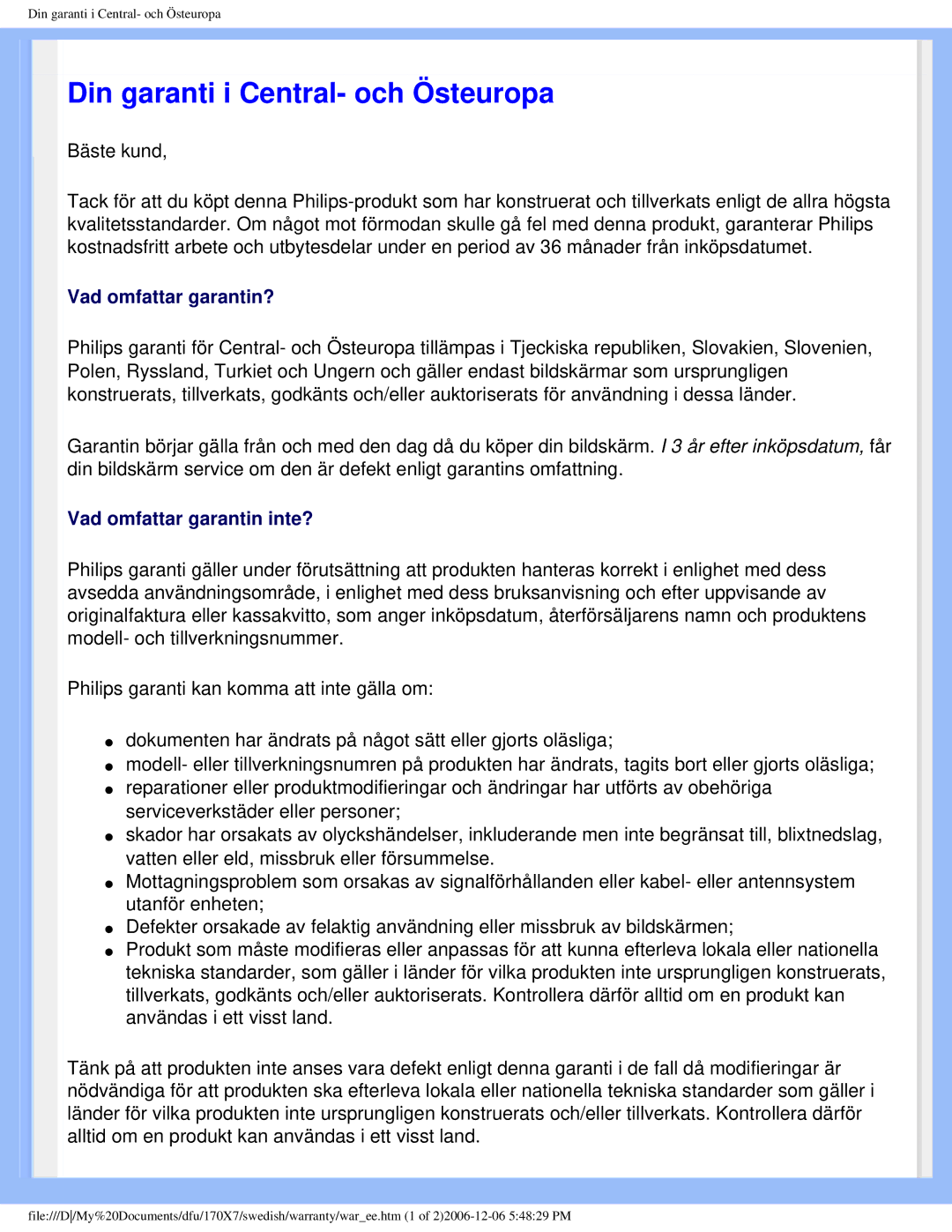 Philips 170x7 user manual Din garanti i Central- och Östeuropa 