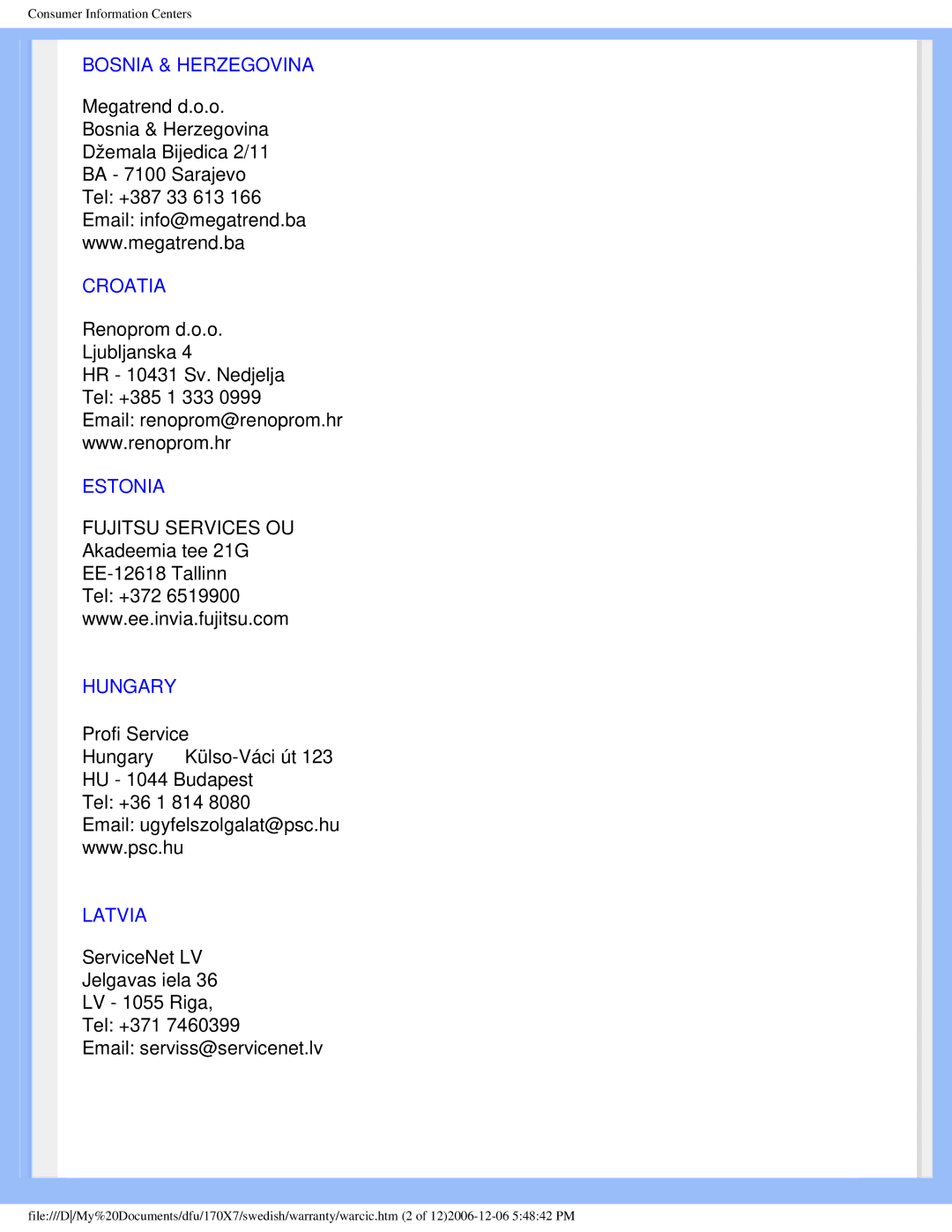 Philips 170x7 user manual Bosnia & Herzegovina, Croatia, Estonia, Hungary, Latvia 