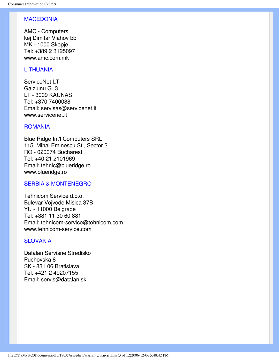 Philips 170x7 user manual Macedonia Lithuania, Romania, Serbia & Montenegro, Slovakia 