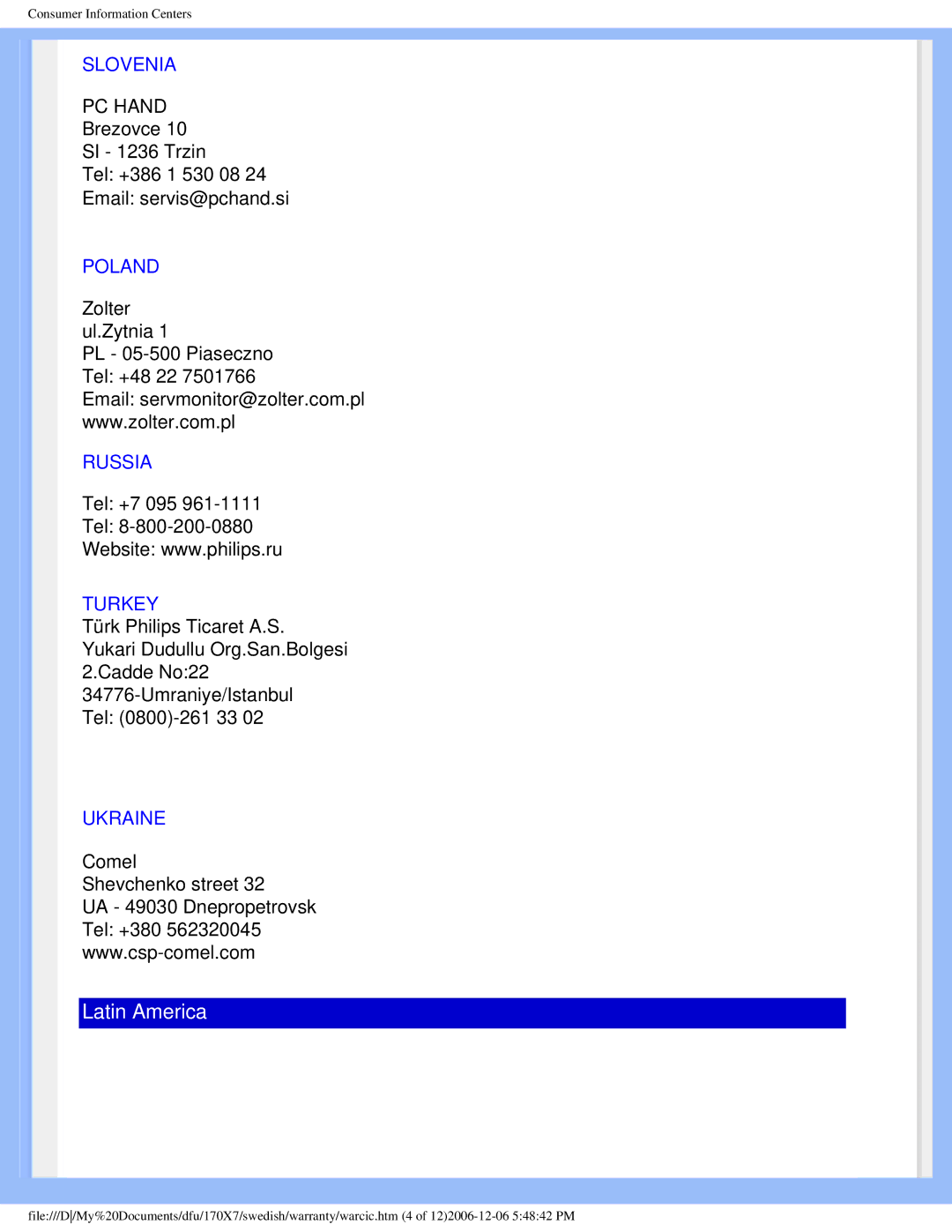 Philips 170x7 user manual Slovenia, Poland, Russia, Turkey, Ukraine 